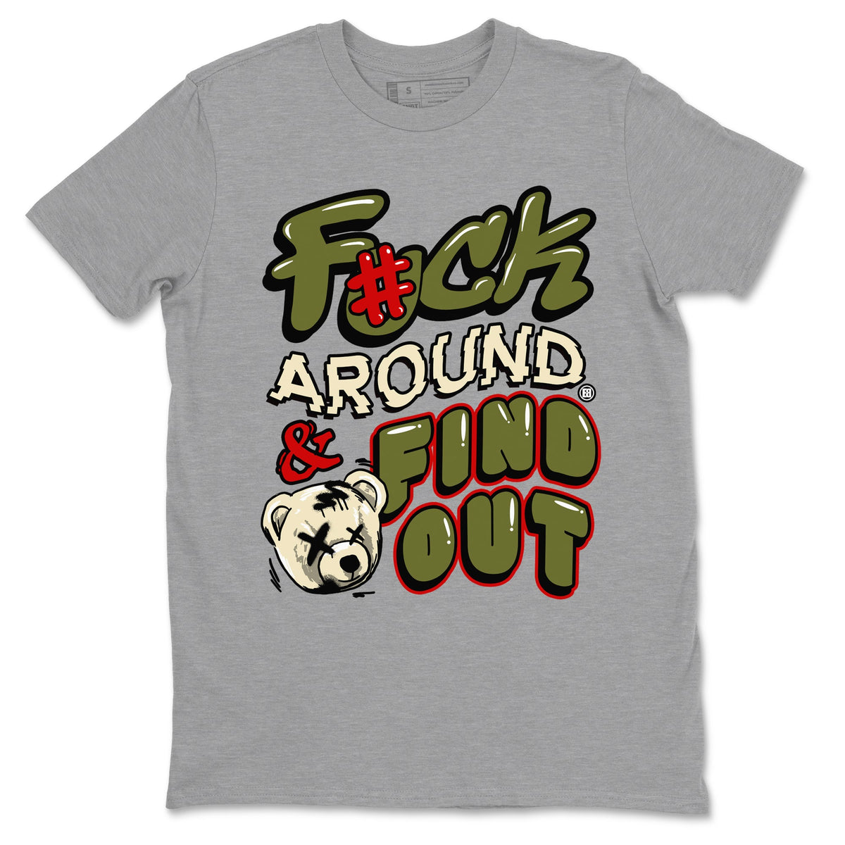 Jordan 1 Olive t shirts to match sneakers Fuck Around And Find Out sneaker match tees Air Jordan 1 Low x Travis Scott Reverse Olive tee Drip Gear Zone unisex cotton Heather Grey 2 shirts
