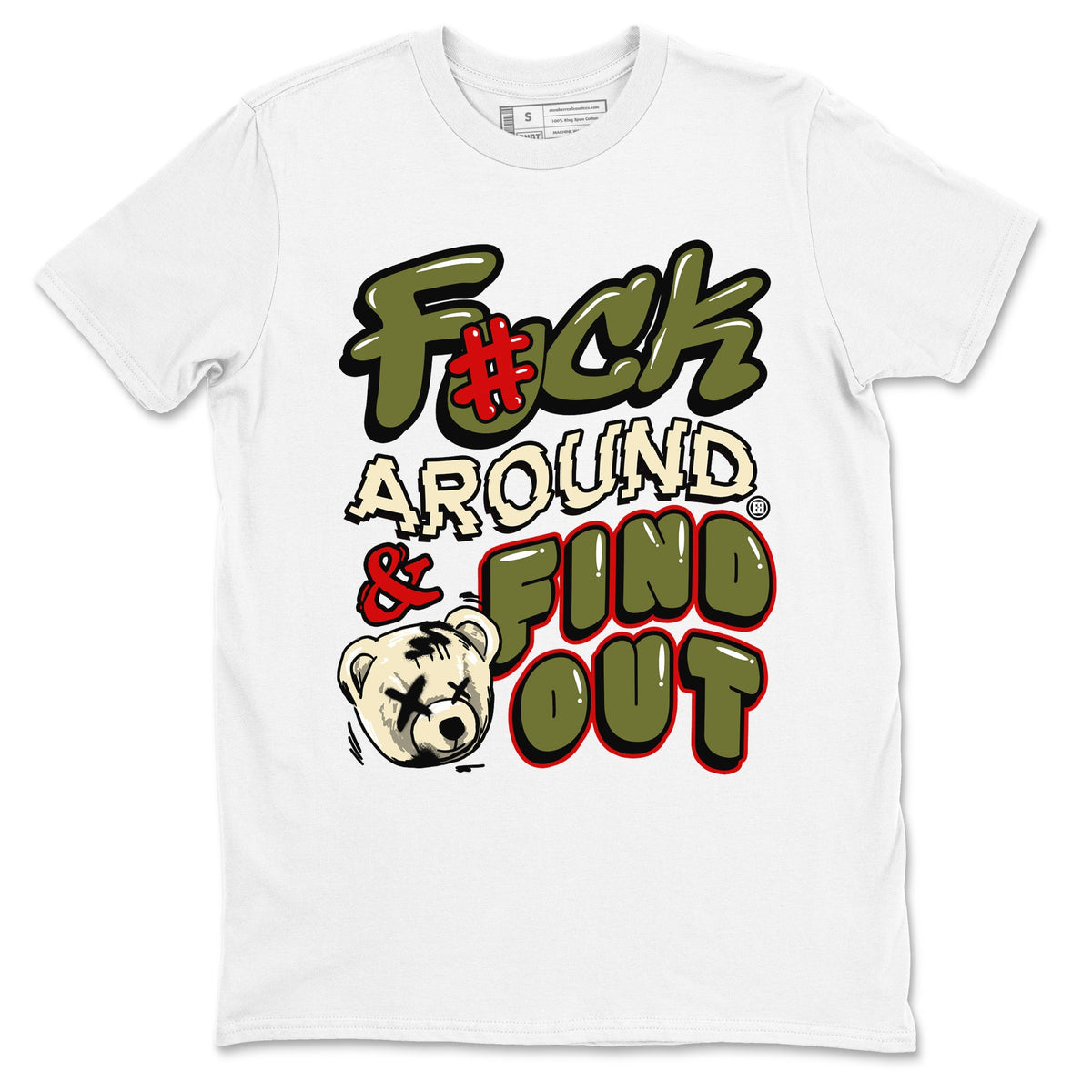 Jordan 1 Olive t shirts to match sneakers Fuck Around And Find Out sneaker match tees Air Jordan 1 Low x Travis Scott Reverse Olive tee Drip Gear Zone unisex cotton White 2 shirts
