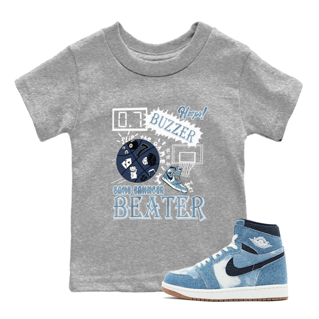 1s Denim shirts to match jordans Game Changer sneaker match tees Air Jordan 1 Denim Drip Gear Zone streetwear brand Baby and Youth Heather Grey 1 cotton tee