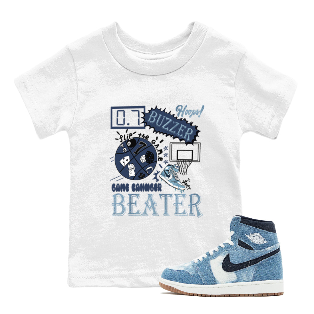 1s Denim shirts to match jordans Game Changer sneaker match tees Air Jordan 1 Denim Drip Gear Zone streetwear brand Baby and Youth White 1 cotton tee