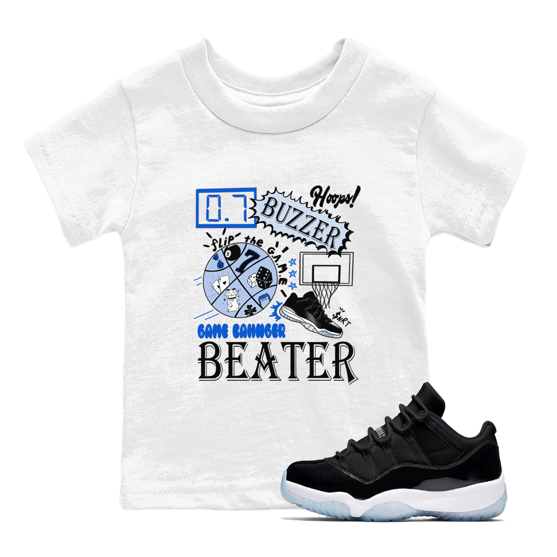 AJ11 Black and Varsity Royal shirt to match jordans Game Changer sneaker tees Air Jordan 11 Black and Varsity Royal Drip Gear Zone baby toddler White 1 cotton Shirt