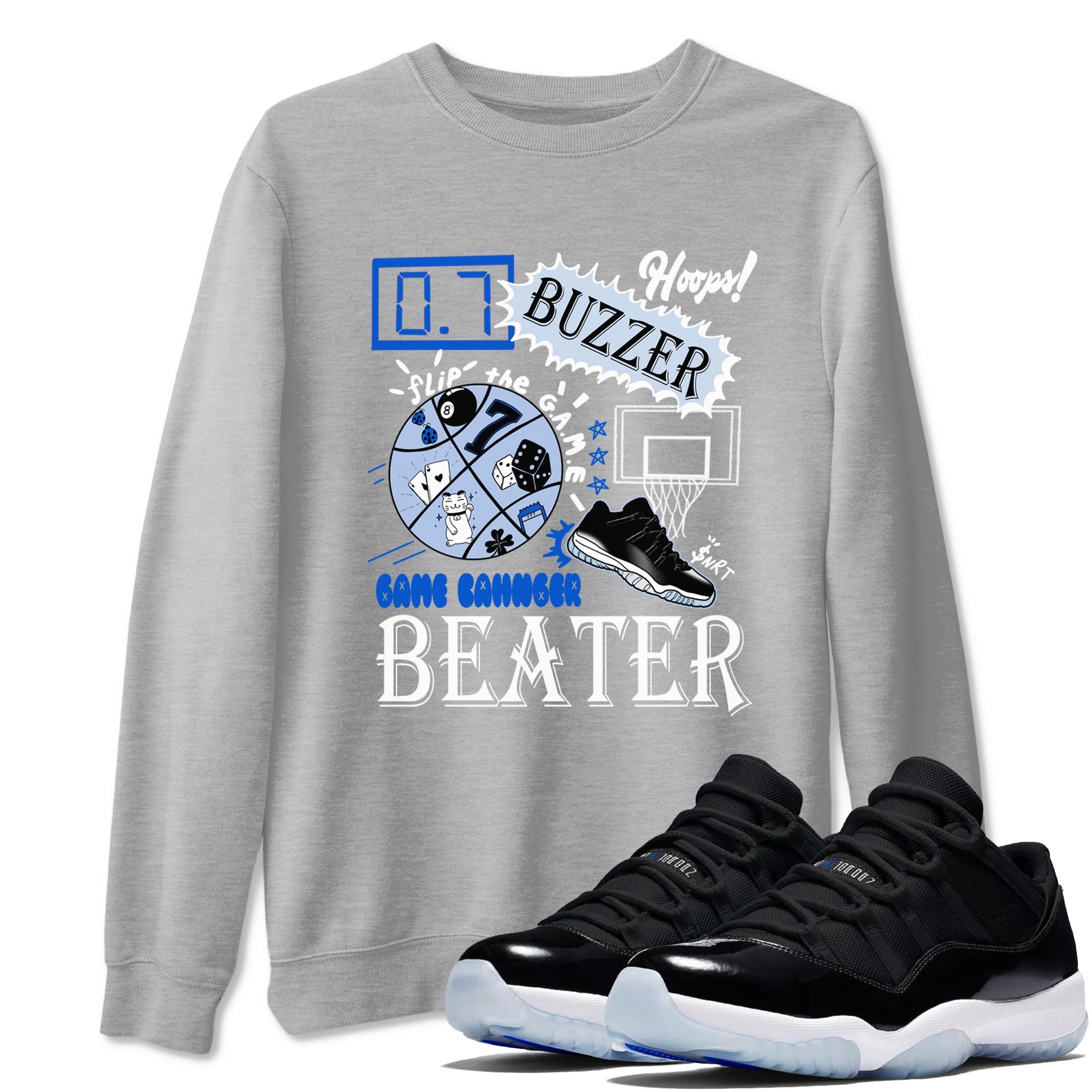 AJ11 Black and Varsity Royal shirt to match jordans Game Changer sneaker tees Air Jordan 11 Black and Varsity Royal Drip Gear Zone unisex cotton Heather Grey 1 crew neck shirt