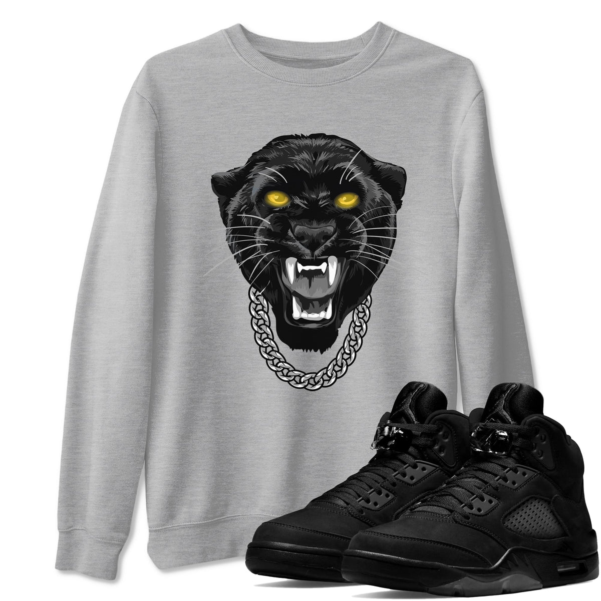 Air Jordan 5 Retro Black Cat Shirts To Match Jordans Gangster Black Cat Sneaker Shirts 5 Black Cat Drip Gear Zone Unisex Cotton Crew Neck Heather Grey 1 crew neck shirts