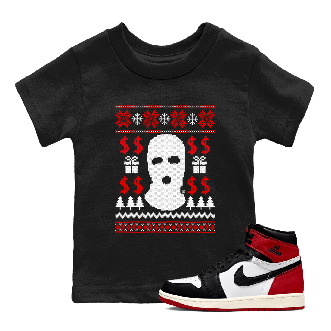 1s Black Toe Reimagined shirts to match jordans Gangster Ugly Sweater sneaker match tees Air Jordan 1 Retro High Black Toe Reimagined match shoes to clothes Drip Gear Zone Youth Baby Black 1 tee