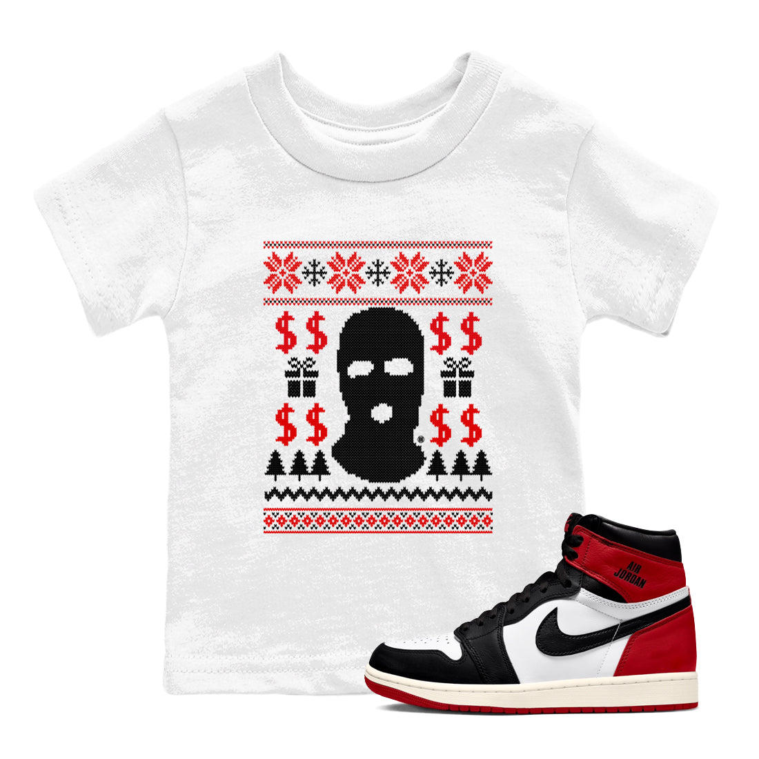 1s Black Toe Reimagined shirts to match jordans Gangster Ugly Sweater sneaker match tees Air Jordan 1 Retro High Black Toe Reimagined match shoes to clothes Drip Gear Zone Youth Baby White 1 tee
