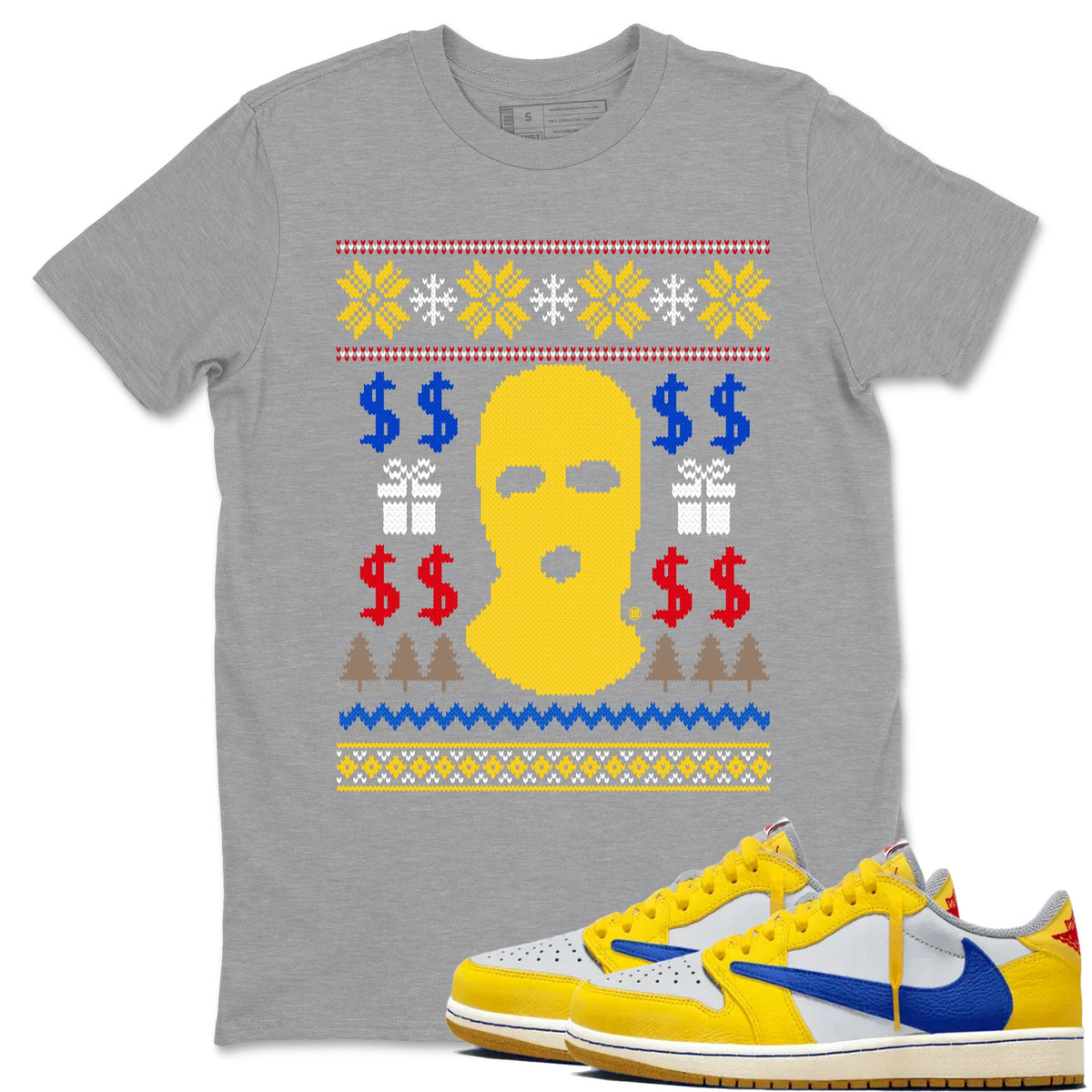 1s Travis Scott Canary shirts to match jordans Gangster Ugly Sweater sneaker match tees Air Jordan 1 Low OG Travis Scott Canary match shoes to clothes Drip Gear Zone unisex cotton Heather Grey 1 shirts