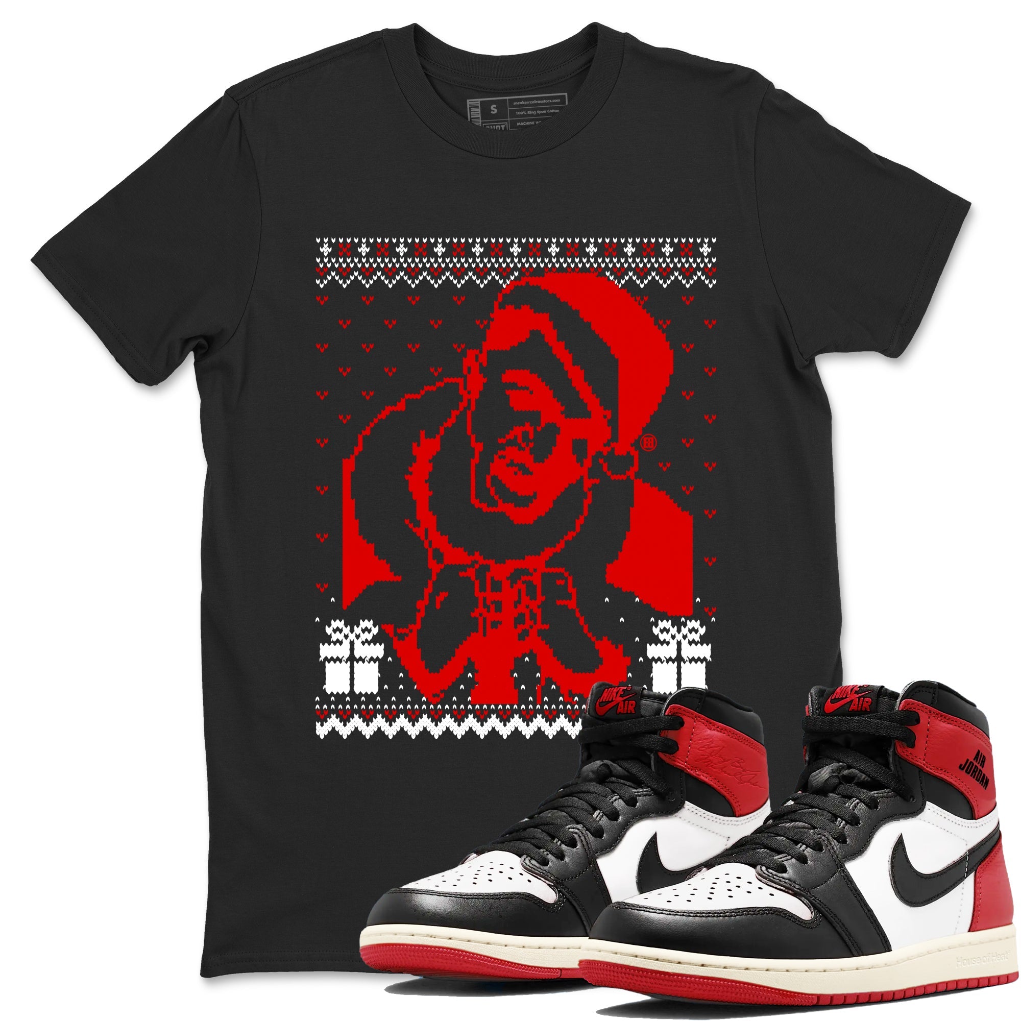 1s Black Toe Reimagined shirts to match jordans X Mas Gift Christmas Gangster Wrapper sneaker match tees Air Jordan 1 High OG Black Toe Reimagined match shoes to clothes Drip Gear Zone unisex cotton Black 1 shirts