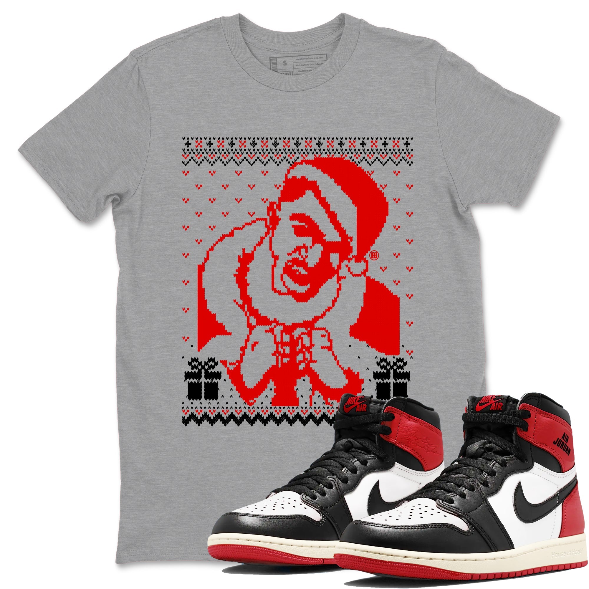 1s Black Toe Reimagined shirts to match jordans X Mas Gift Christmas Gangster Wrapper sneaker match tees Air Jordan 1 High OG Black Toe Reimagined match shoes to clothes Drip Gear Zone unisex cotton Heather Grey 1 shirts