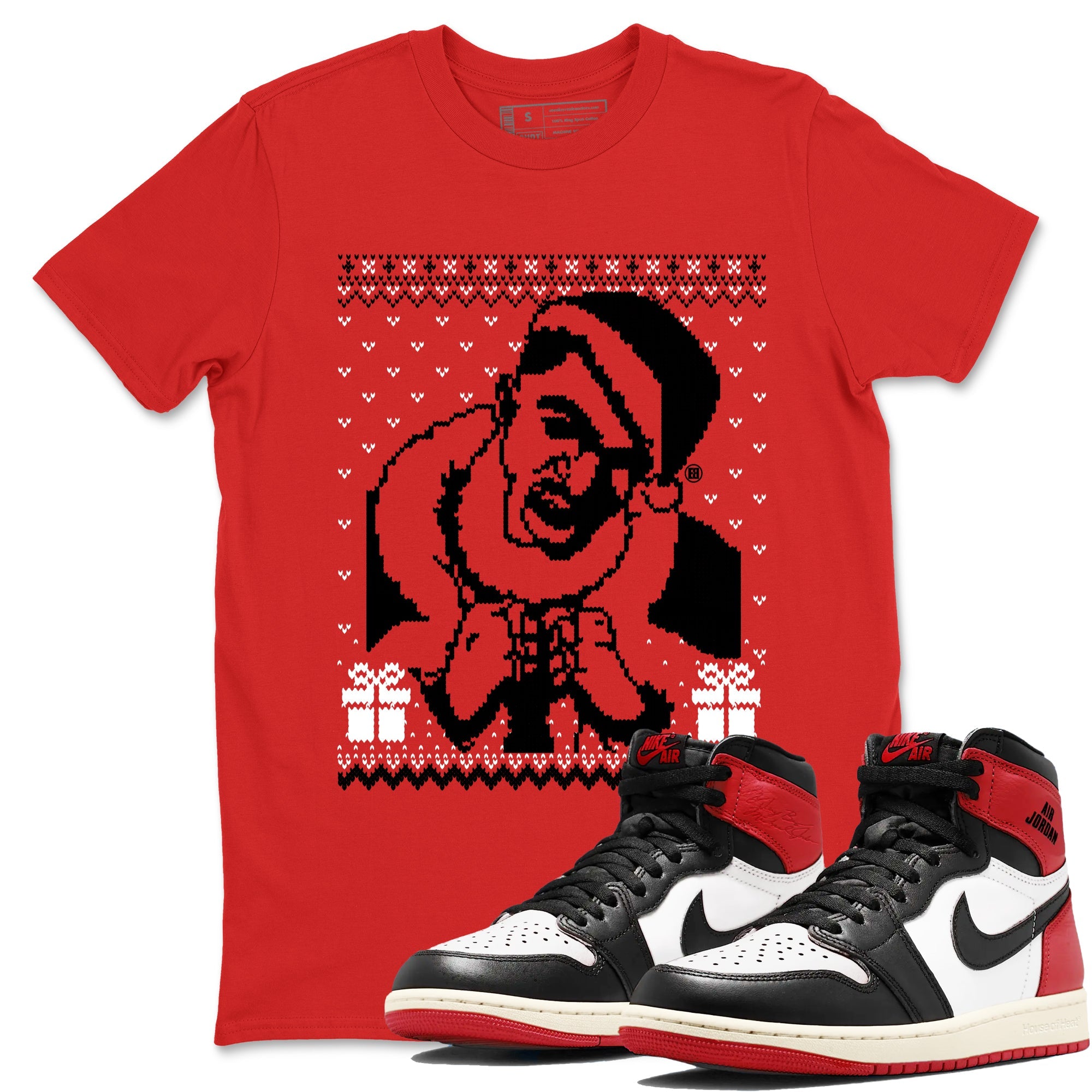 1s Black Toe Reimagined shirts to match jordans X Mas Gift Christmas Gangster Wrapper sneaker match tees Air Jordan 1 High OG Black Toe Reimagined match shoes to clothes Drip Gear Zone unisex cotton Red 1 shirts