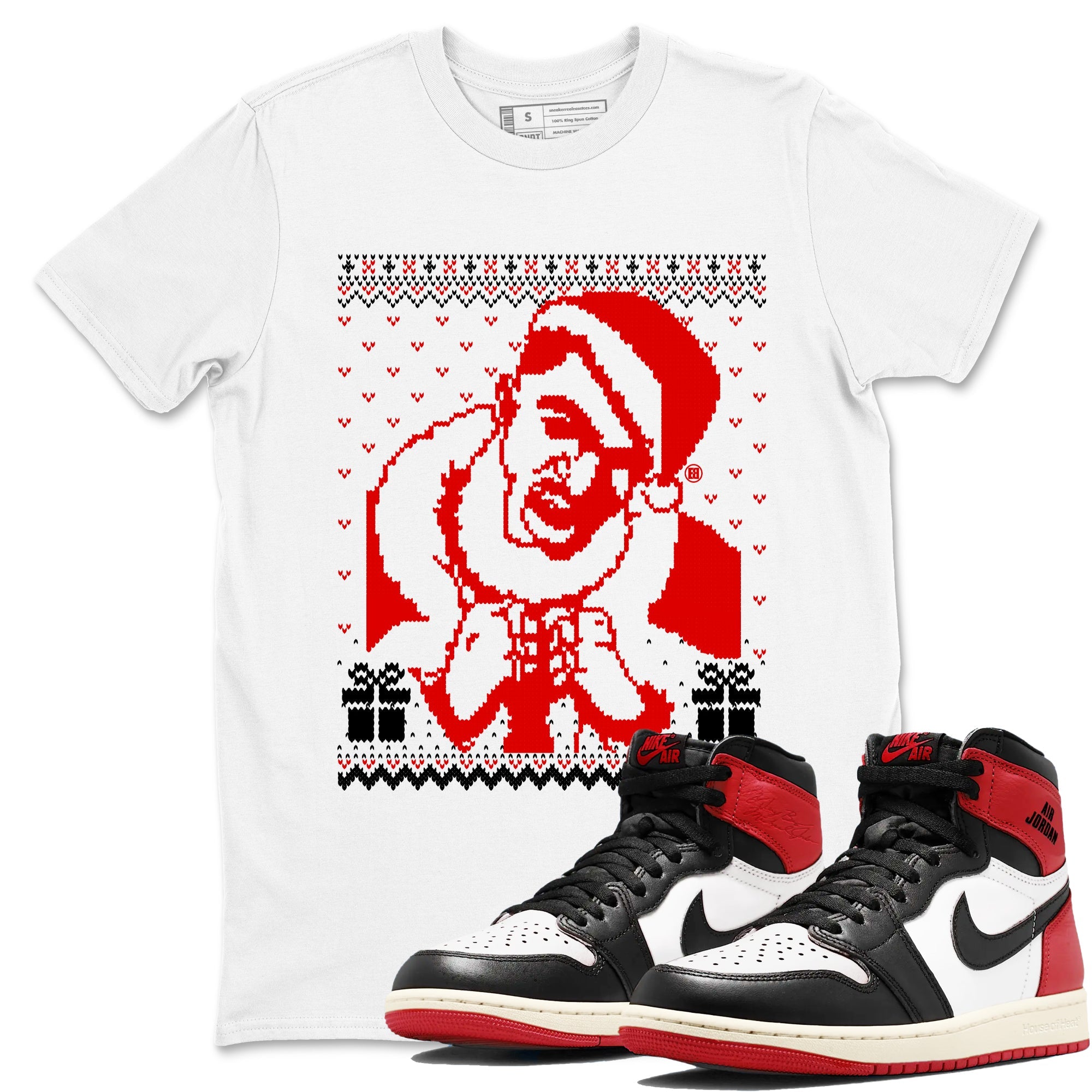 1s Black Toe Reimagined shirts to match jordans X Mas Gift Christmas Gangster Wrapper sneaker match tees Air Jordan 1 High OG Black Toe Reimagined match shoes to clothes Drip Gear Zone unisex cotton White 1 shirts