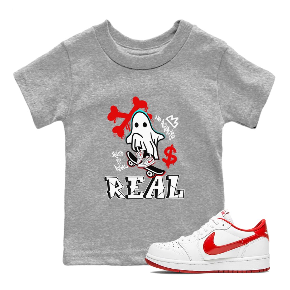 Air Jordan 1 University Red shirt to match jordans Ghost Skater sneaker tees Air Jordan 1 University Red Drip Gear Zone Casual Crew Neck T-Shirt Baby Toddler Heather Grey 1 T-Shirt