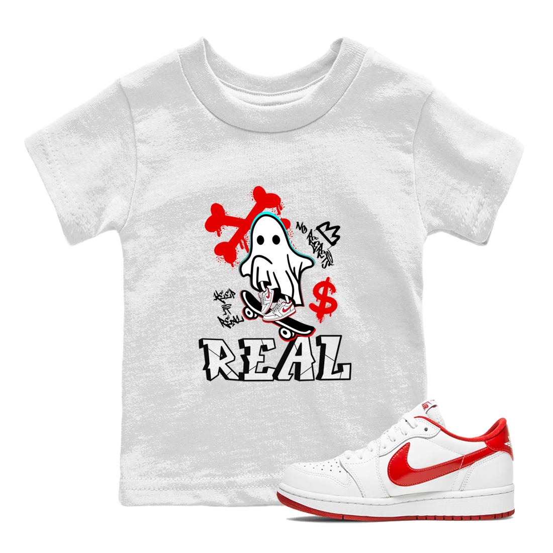 Air Jordan 1 University Red shirt to match jordans Ghost Skater sneaker tees Air Jordan 1 University Red Drip Gear Zone Casual Crew Neck T-Shirt Baby Toddler White 1 T-Shirt