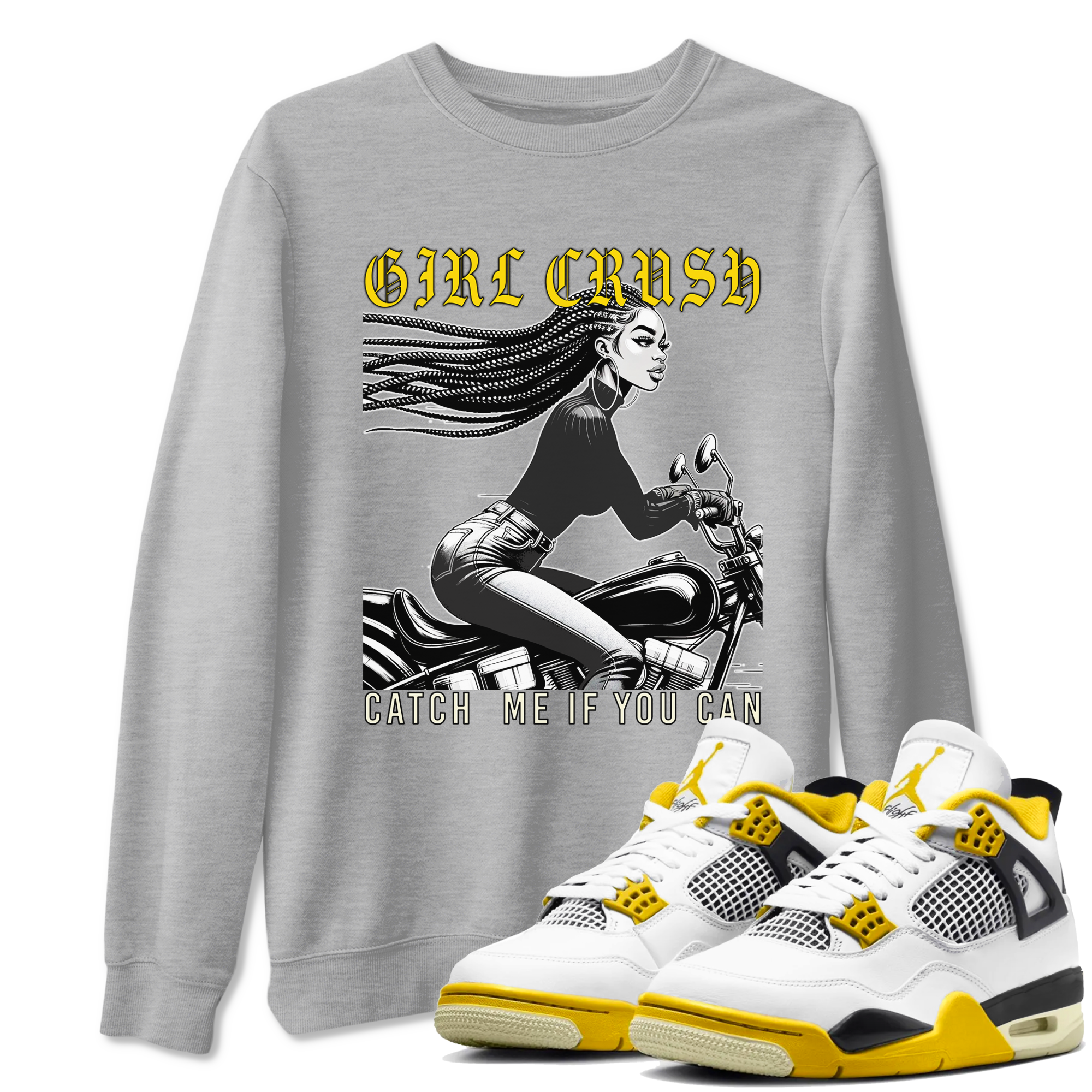 4s Vivid Sulfur shirt to match jordans Girl Crash sneaker tees AJ4 Vivid Sulfur Streetwear Brand Drip Gear Zone unisex cotton Heather Grey 1 crew neck shirt