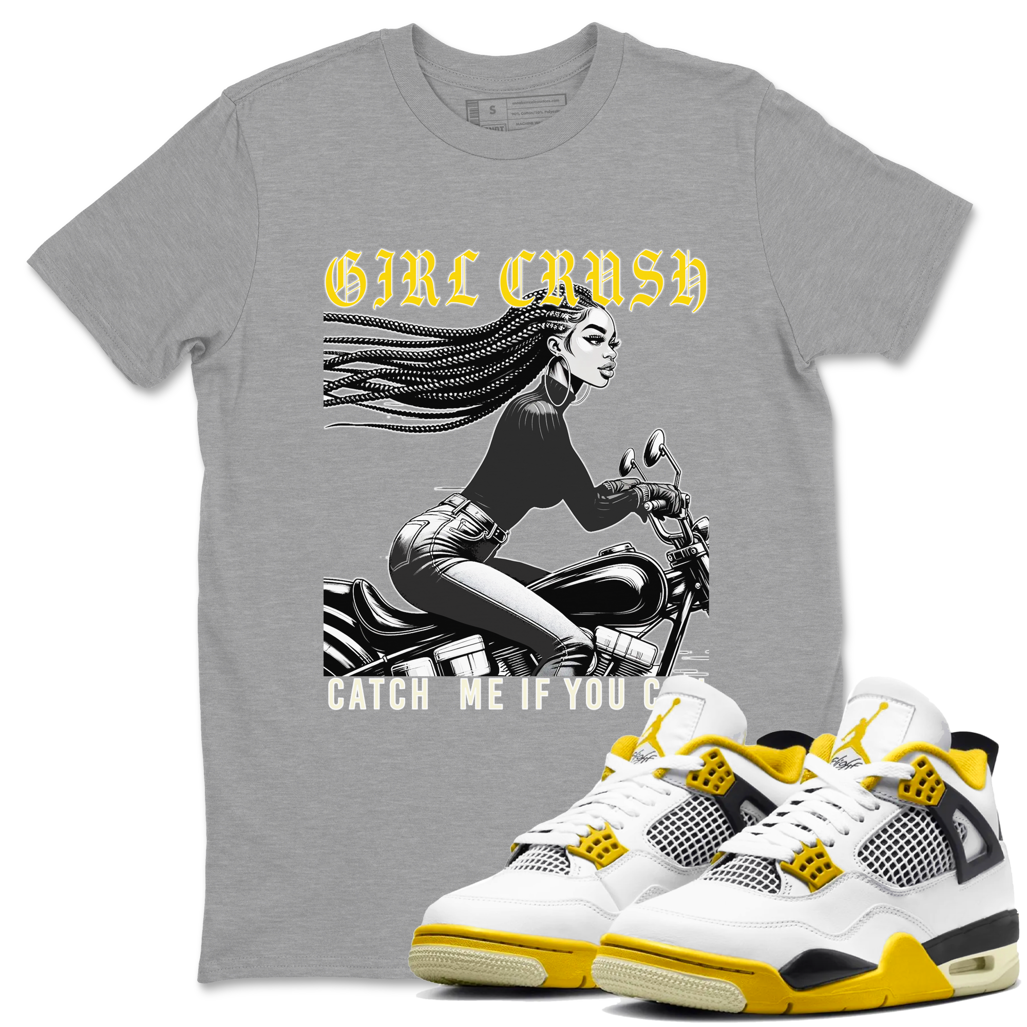 4s Vivid Sulfur shirt to match jordans Girl Crash sneaker tees AJ4 Vivid Sulfur Streetwear Brand Drip Gear Zone unisex cotton Heather Grey 1 crew neck shirt