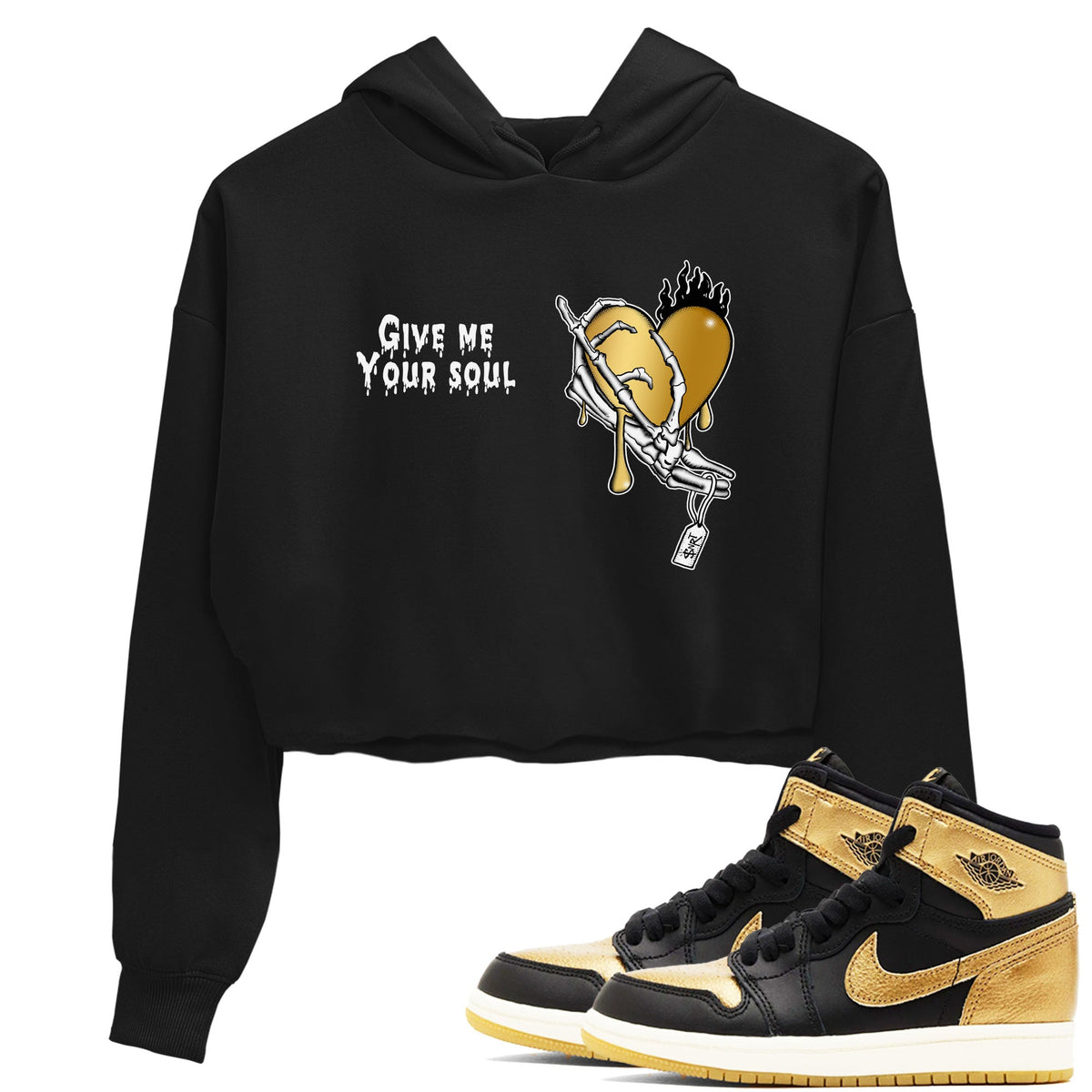 1s Black Metallic Gold shirts to match jordans Give Me Your Soul sneaker match tees Air Jordan 1 Black Metallic Gold Drip Gear Zone unisex cotton Black 1 Crop Shirts