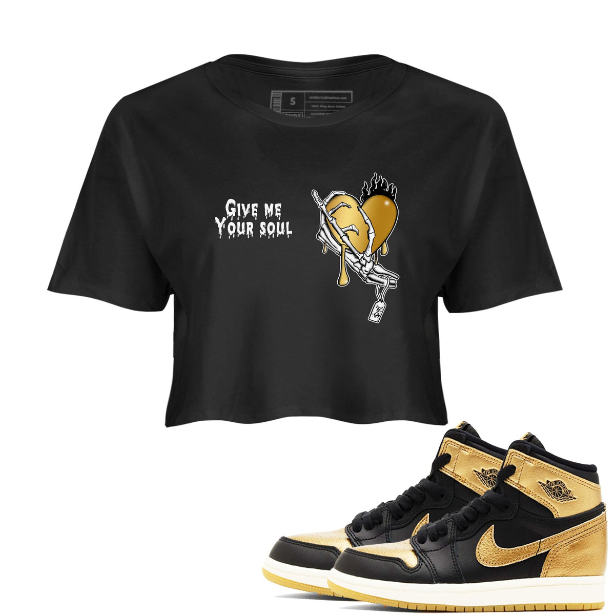 1s Black Metallic Gold shirts to match jordans Give Me Your Soul sneaker match tees Air Jordan 1 Black Metallic Gold Drip Gear Zone unisex cotton Black 1 Crop Shirts