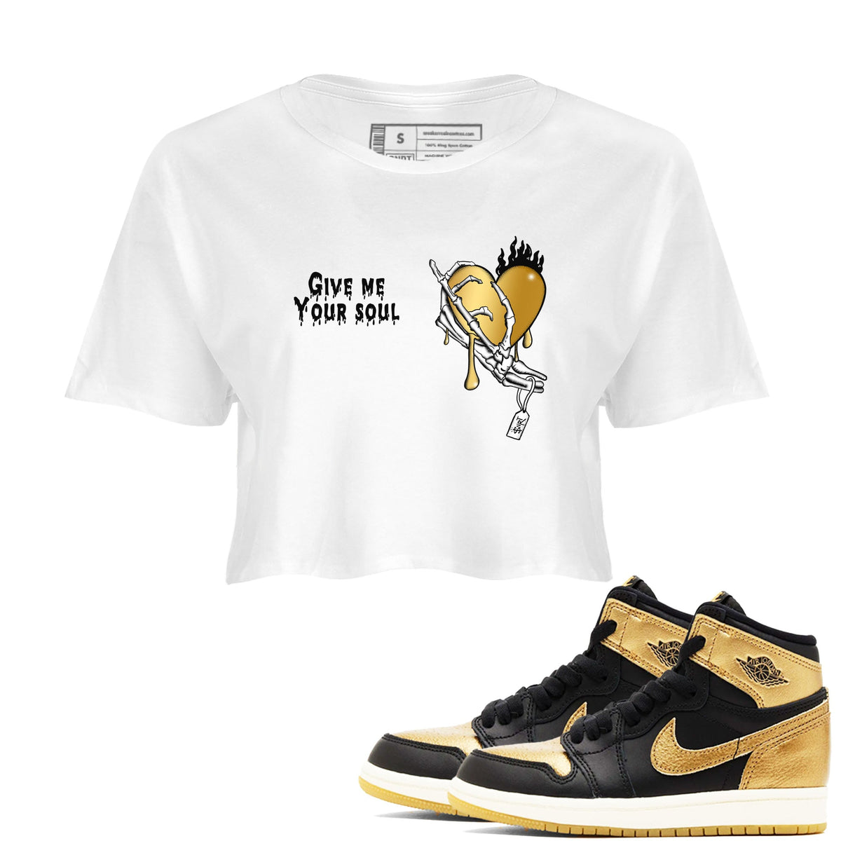 1s Black Metallic Gold shirts to match jordans Give Me Your Soul sneaker match tees Air Jordan 1 Black Metallic Gold Drip Gear Zone unisex cotton White 1 Crop Shirts