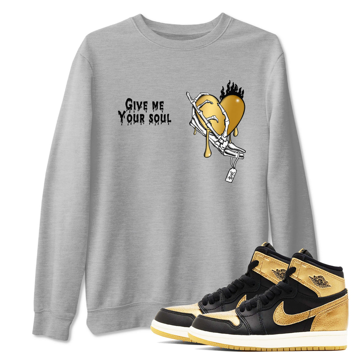1s Black Metallic Gold shirts to match jordans Give Me Your Soul sneaker match tees Air Jordan 1 Black Metallic Gold Drip Gear Zone unisex cotton Heather Grey 1 crew neck shirts