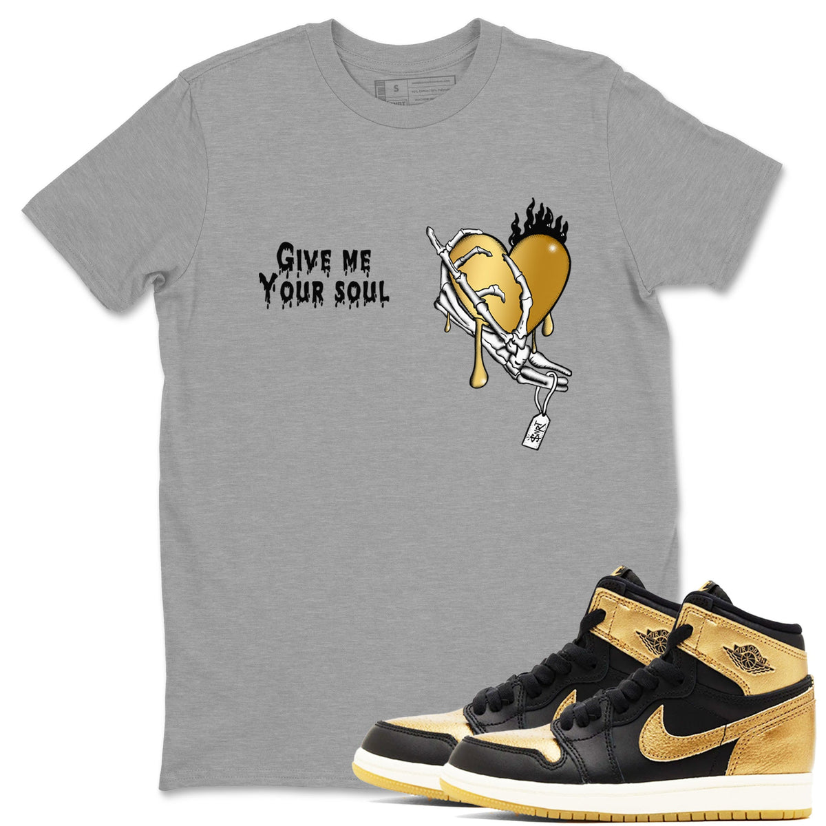 1s Black Metallic Gold shirts to match jordans Give Me Your Soul sneaker match tees Air Jordan 1 Black Metallic Gold Drip Gear Zone unisex cotton Heather Grey 1 crew neck shirts