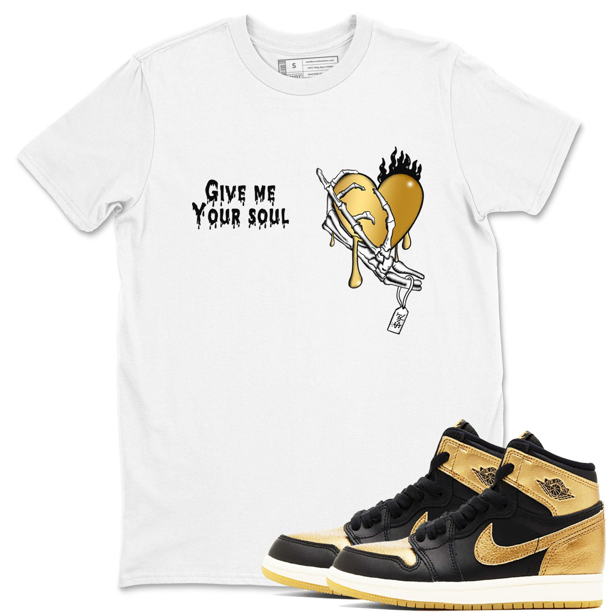 1s Black Metallic Gold shirts to match jordans Give Me Your Soul sneaker match tees Air Jordan 1 Black Metallic Gold Drip Gear Zone unisex cotton White 1 crew neck shirts