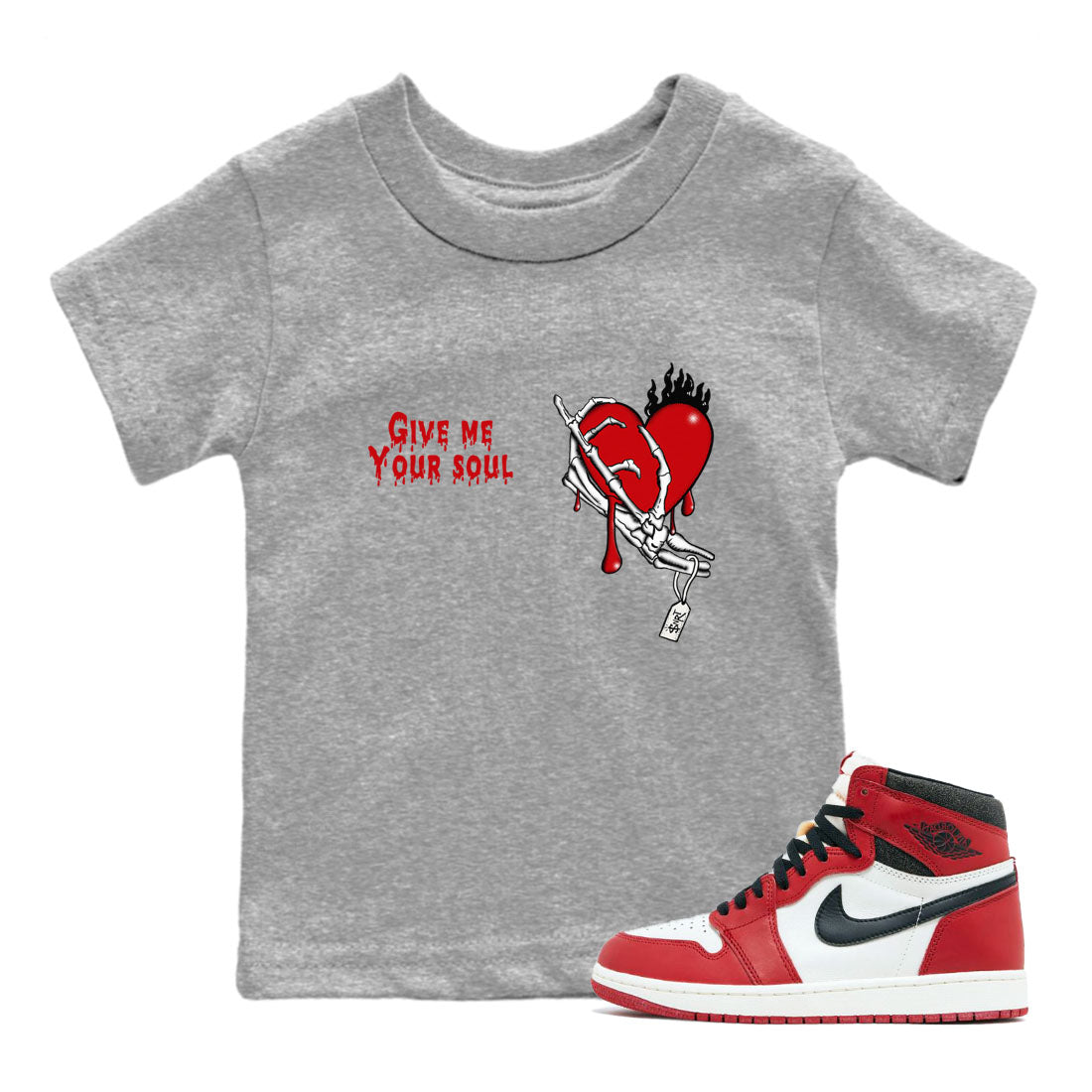 1s Lost & Found shirts to match jordans Give Me Your Soul sneaker match tees Air Jordan 1 Lost & Found Drip Gear Zone Youth Baby Heather Grey 1 crew neck shirts