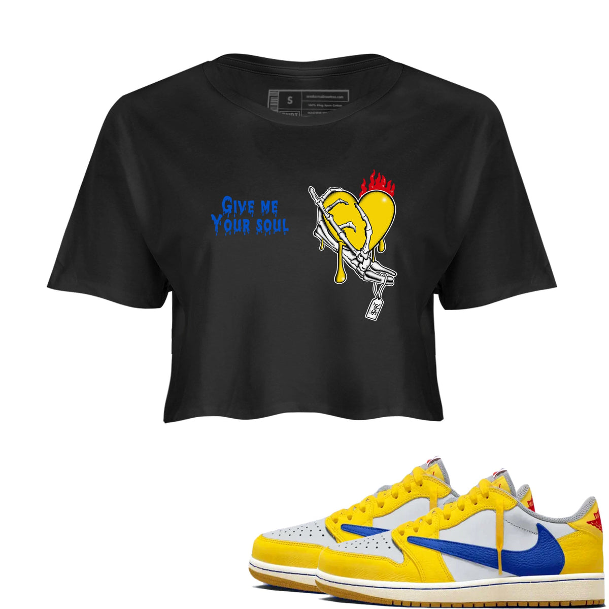 1s Travis Scott Canary shirts to match jordans Give Me Your Soul sneaker match tees Air Jordan 1 Travis Scott Canary Drip Gear Zone unisex cotton Black 1 Crop Shirts