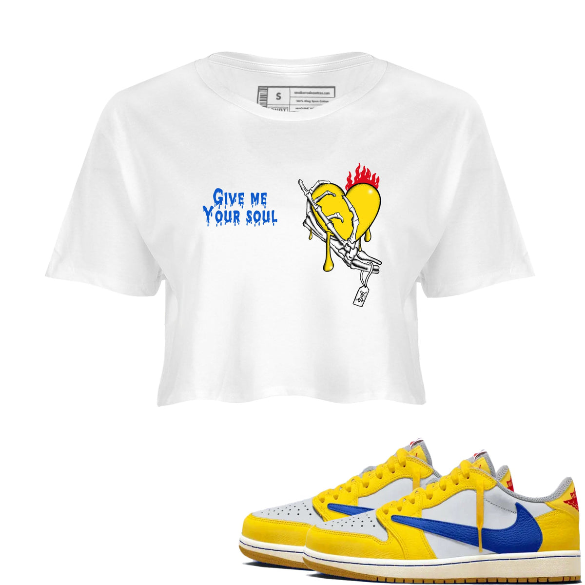 1s Travis Scott Canary shirts to match jordans Give Me Your Soul sneaker match tees Air Jordan 1 Travis Scott Canary Drip Gear Zone unisex cotton White 1 Crop Shirts