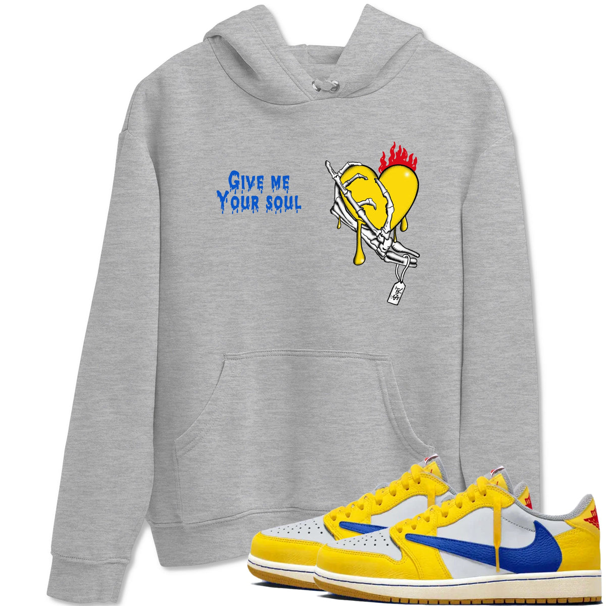 1s Travis Scott Canary shirts to match jordans Give Me Your Soul sneaker match tees Air Jordan 1 Travis Scott Canary Drip Gear Zone unisex cotton Heather Grey 1 crew neck shirts