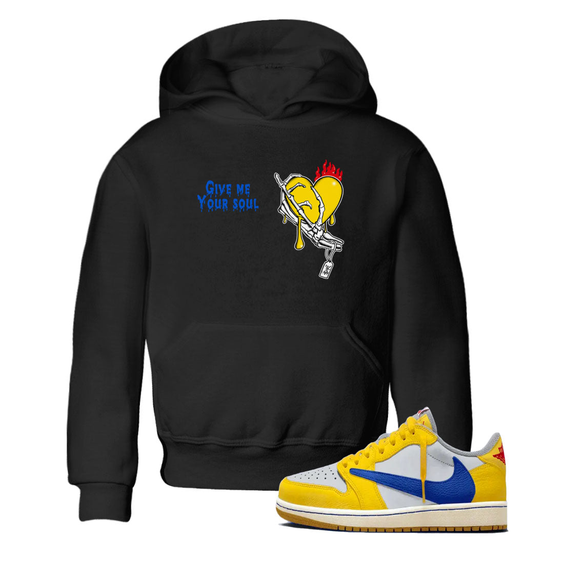 1s Travis Scott Canary shirts to match jordans Give Me Your Soul sneaker match tees Air Jordan 1 Travis Scott Canary Drip Gear Zone Youth Baby Black 1 crew neck shirts