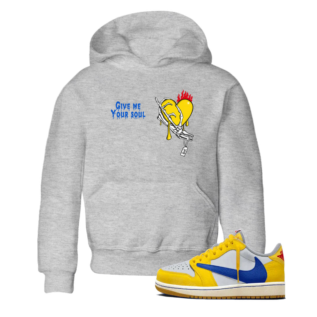 1s Travis Scott Canary shirts to match jordans Give Me Your Soul sneaker match tees Air Jordan 1 Travis Scott Canary Drip Gear Zone Youth Baby Heather Grey 1 crew neck shirts