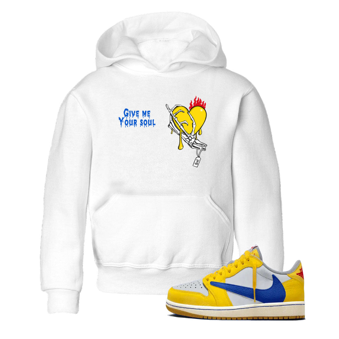 1s Travis Scott Canary shirts to match jordans Give Me Your Soul sneaker match tees Air Jordan 1 Travis Scott Canary Drip Gear Zone Youth Baby White 1 crew neck shirts