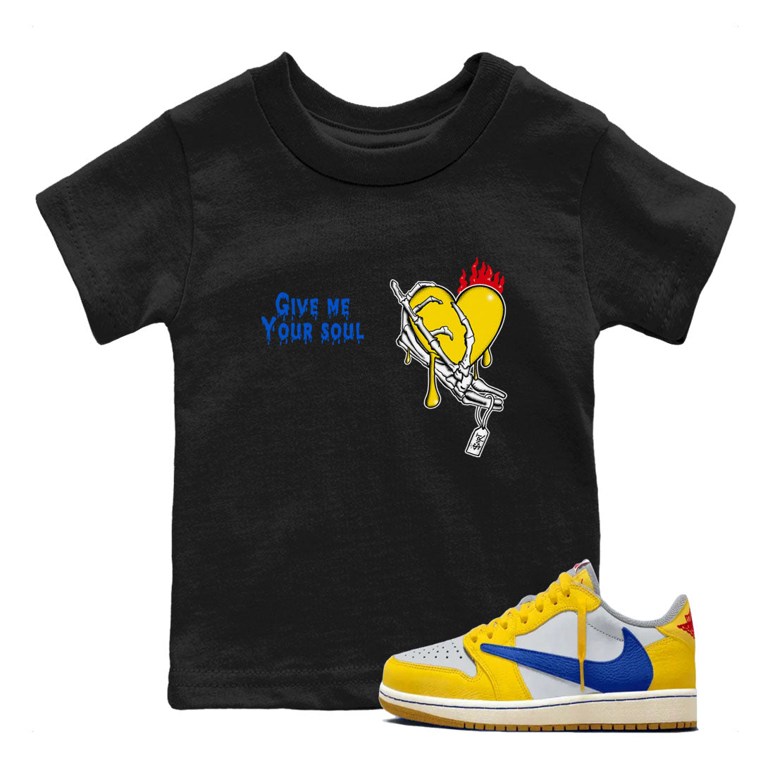 1s Travis Scott Canary shirts to match jordans Give Me Your Soul sneaker match tees Air Jordan 1 Travis Scott Canary Drip Gear Zone Youth Baby Black 1 crew neck shirts