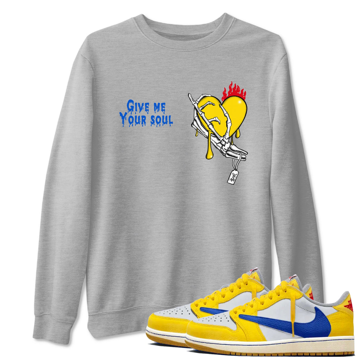 1s Travis Scott Canary shirts to match jordans Give Me Your Soul sneaker match tees Air Jordan 1 Travis Scott Canary Drip Gear Zone unisex cotton Heather Grey 1 crew neck shirts