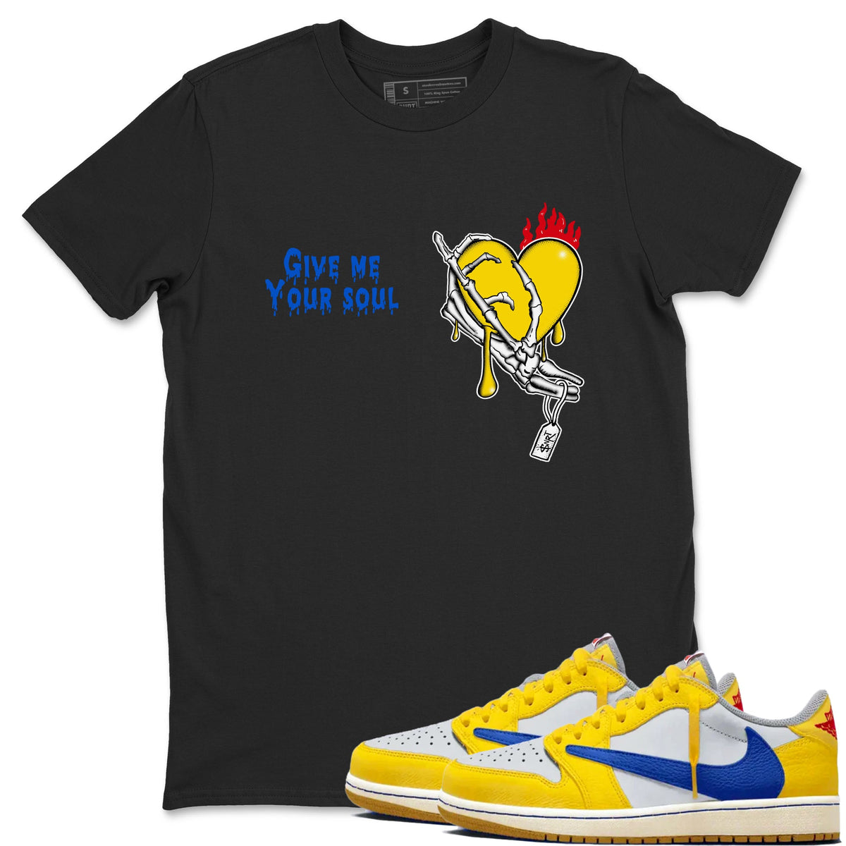 1s Travis Scott Canary shirts to match jordans Give Me Your Soul sneaker match tees Air Jordan 1 Travis Scott Canary Drip Gear Zone unisex cotton Black 1 crew neck shirts