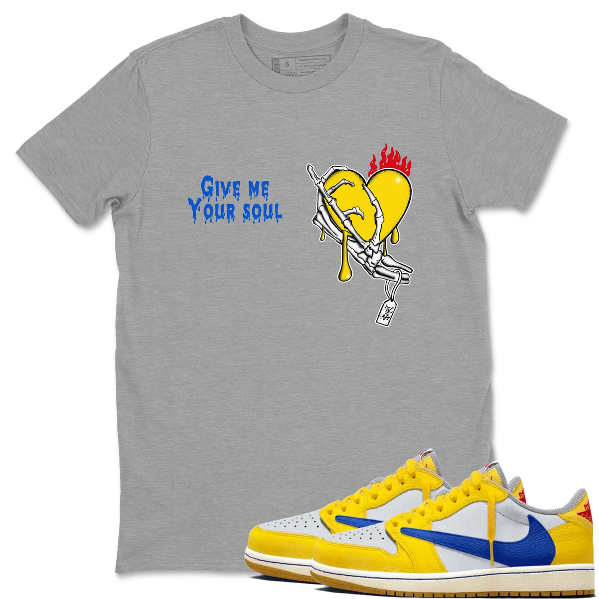 1s Travis Scott Canary shirts to match jordans Give Me Your Soul sneaker match tees Air Jordan 1 Travis Scott Canary Drip Gear Zone unisex cotton Heather Grey 1 crew neck shirts