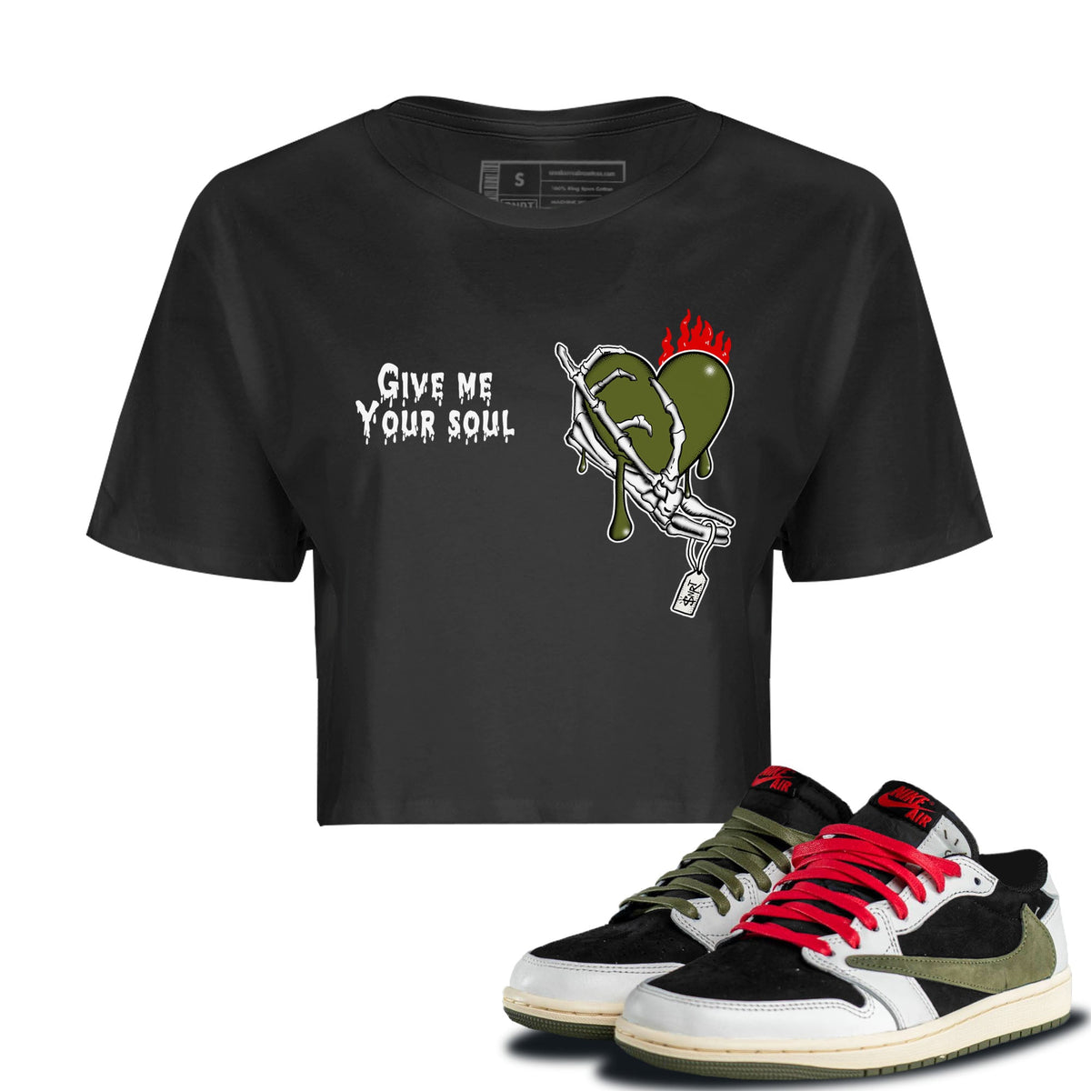 1s Travis Scott Olive shirts to match jordans Give Me Your Soul sneaker match tees Air Jordan 1 Travis Scott Olive Drip Gear Zone unisex cotton Black 1 Crop Shirts