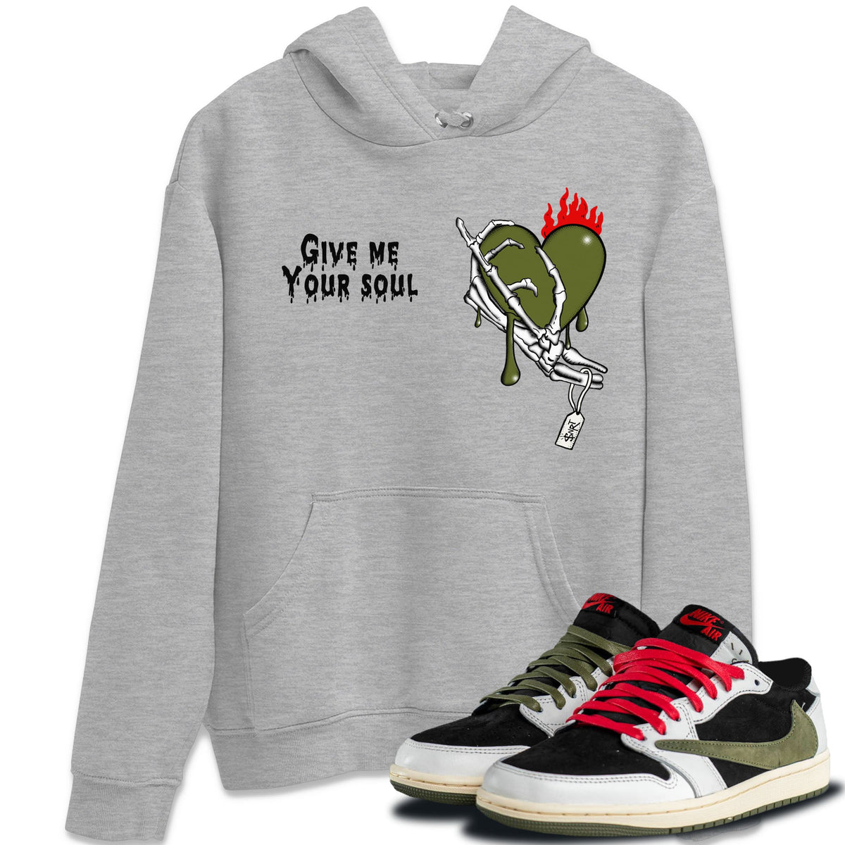 1s Travis Scott Olive shirts to match jordans Give Me Your Soul sneaker match tees Air Jordan 1 Travis Scott Olive Drip Gear Zone unisex cotton Heather Grey 1 crew neck shirts