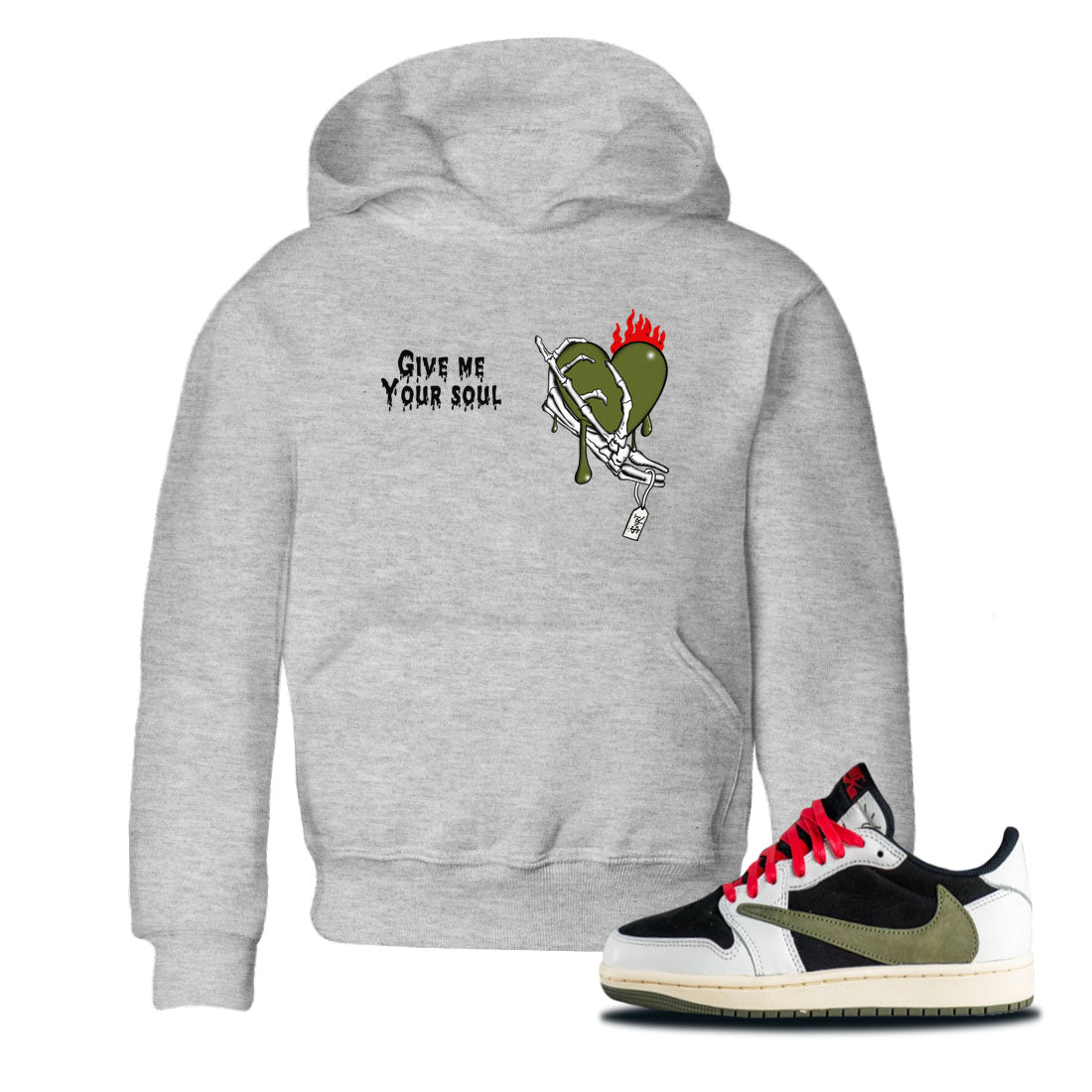 1s Travis Scott Olive shirts to match jordans Give Me Your Soul sneaker match tees Air Jordan 1 Travis Scott Olive Drip Gear Zone Youth Baby Heather Grey 1 crew neck shirts