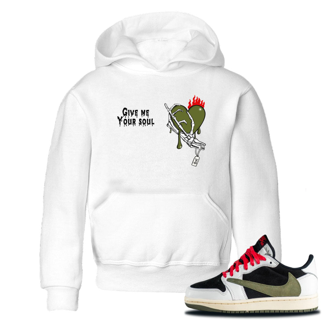 1s Travis Scott Olive shirts to match jordans Give Me Your Soul sneaker match tees Air Jordan 1 Travis Scott Olive Drip Gear Zone Youth Baby White 1 crew neck shirts