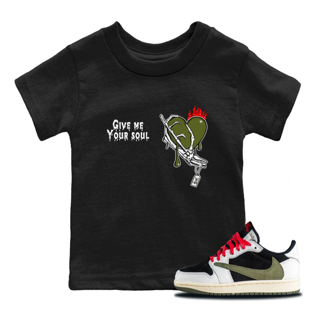 1s Travis Scott Olive shirts to match jordans Give Me Your Soul sneaker match tees Air Jordan 1 Travis Scott Olive Drip Gear Zone Youth Baby Black 1 crew neck shirts