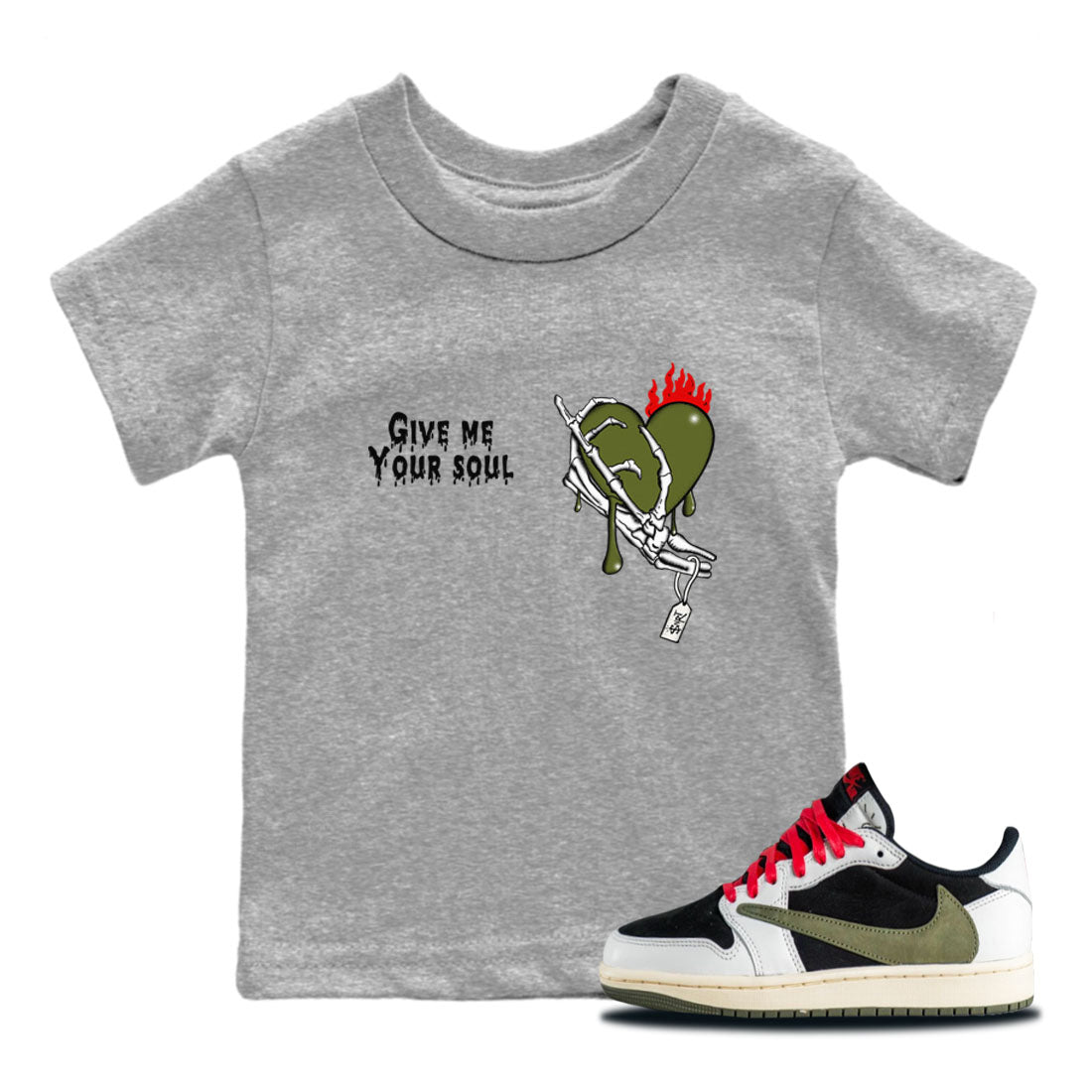 1s Travis Scott Olive shirts to match jordans Give Me Your Soul sneaker match tees Air Jordan 1 Travis Scott Olive Drip Gear Zone Youth Baby Heather Grey 1 crew neck shirts