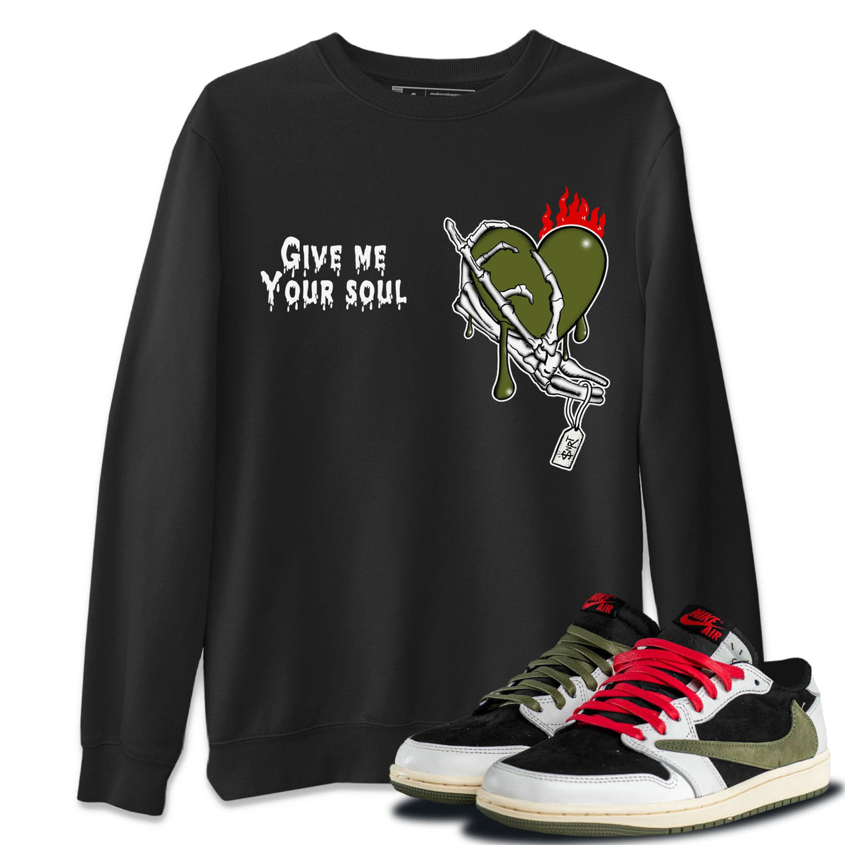 1s Travis Scott Olive shirts to match jordans Give Me Your Soul sneaker match tees Air Jordan 1 Travis Scott Olive Drip Gear Zone unisex cotton Black 1 crew neck shirts