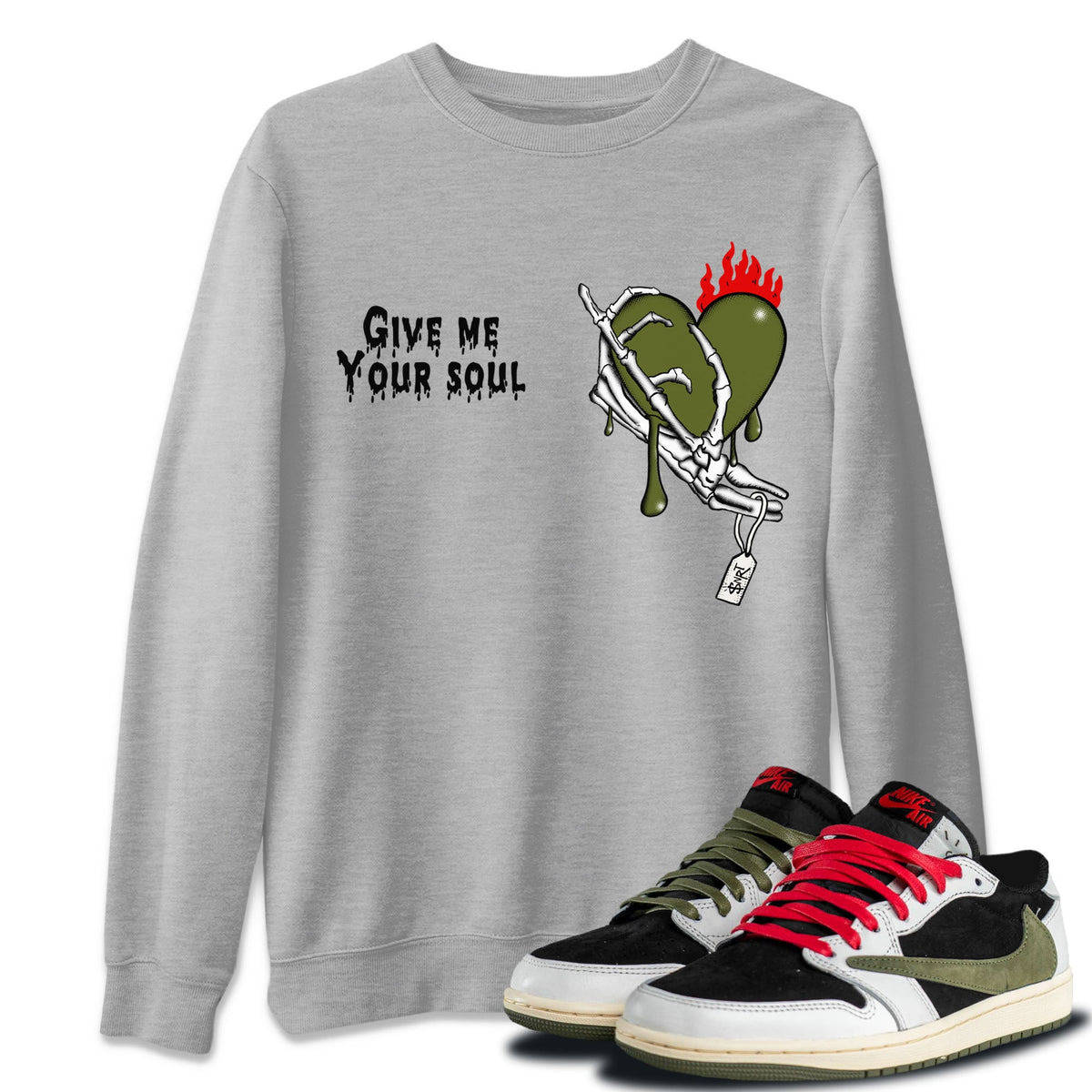 1s Travis Scott Olive shirts to match jordans Give Me Your Soul sneaker match tees Air Jordan 1 Travis Scott Olive Drip Gear Zone unisex cotton Heather Grey 1 crew neck shirts