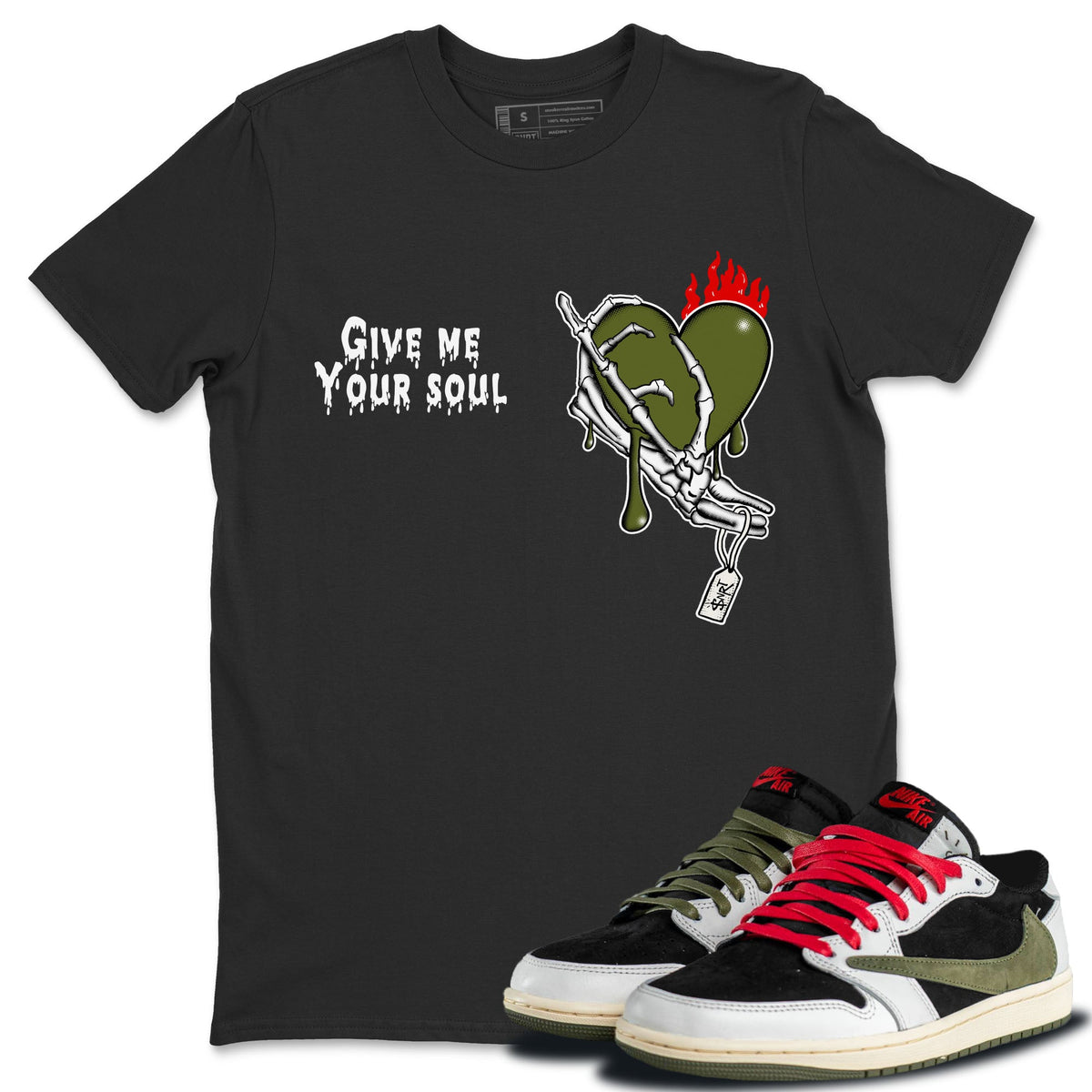 1s Travis Scott Olive shirts to match jordans Give Me Your Soul sneaker match tees Air Jordan 1 Travis Scott Olive Drip Gear Zone unisex cotton Black 1 crew neck shirts