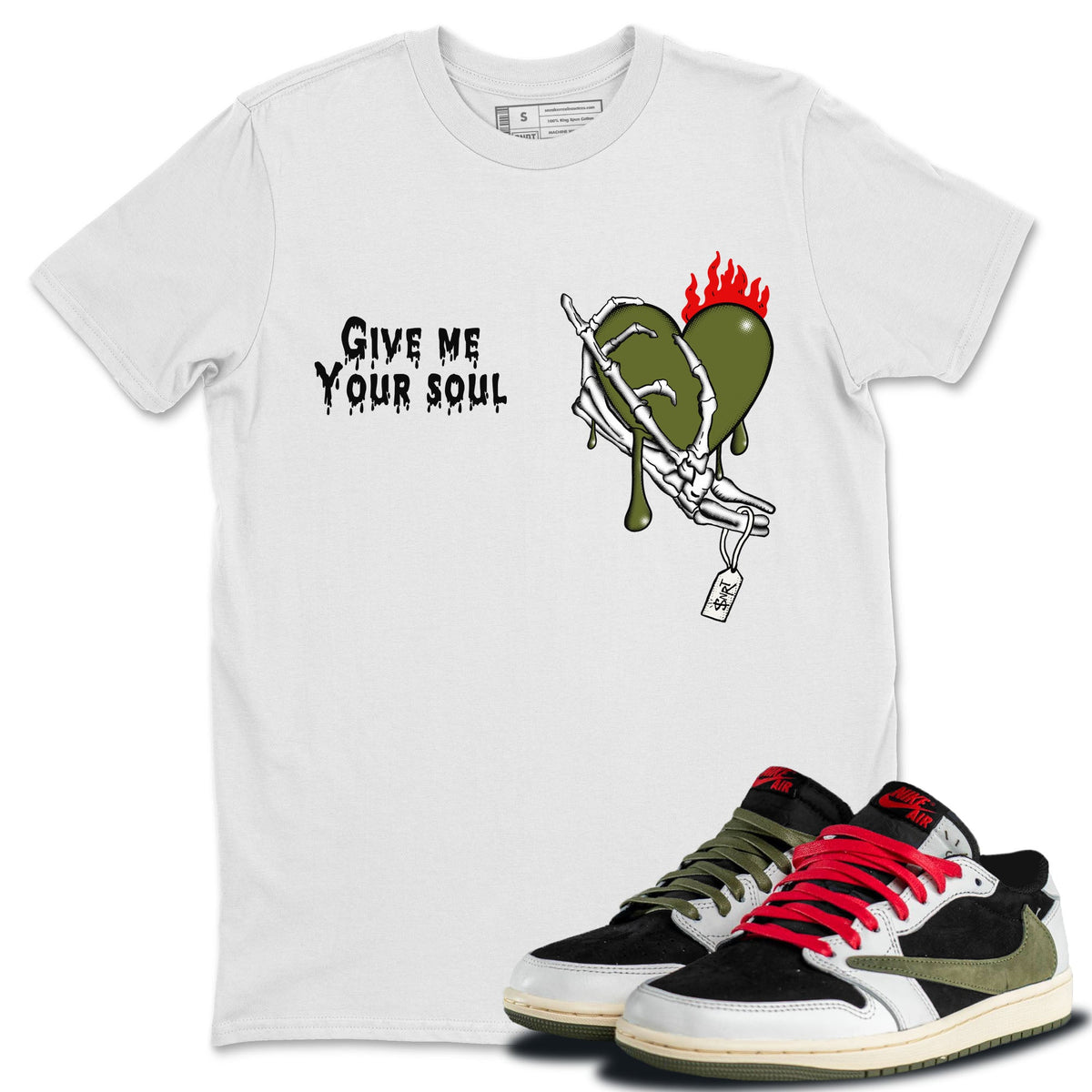 1s Travis Scott Olive shirts to match jordans Give Me Your Soul sneaker match tees Air Jordan 1 Travis Scott Olive Drip Gear Zone unisex cotton White 1 crew neck shirts