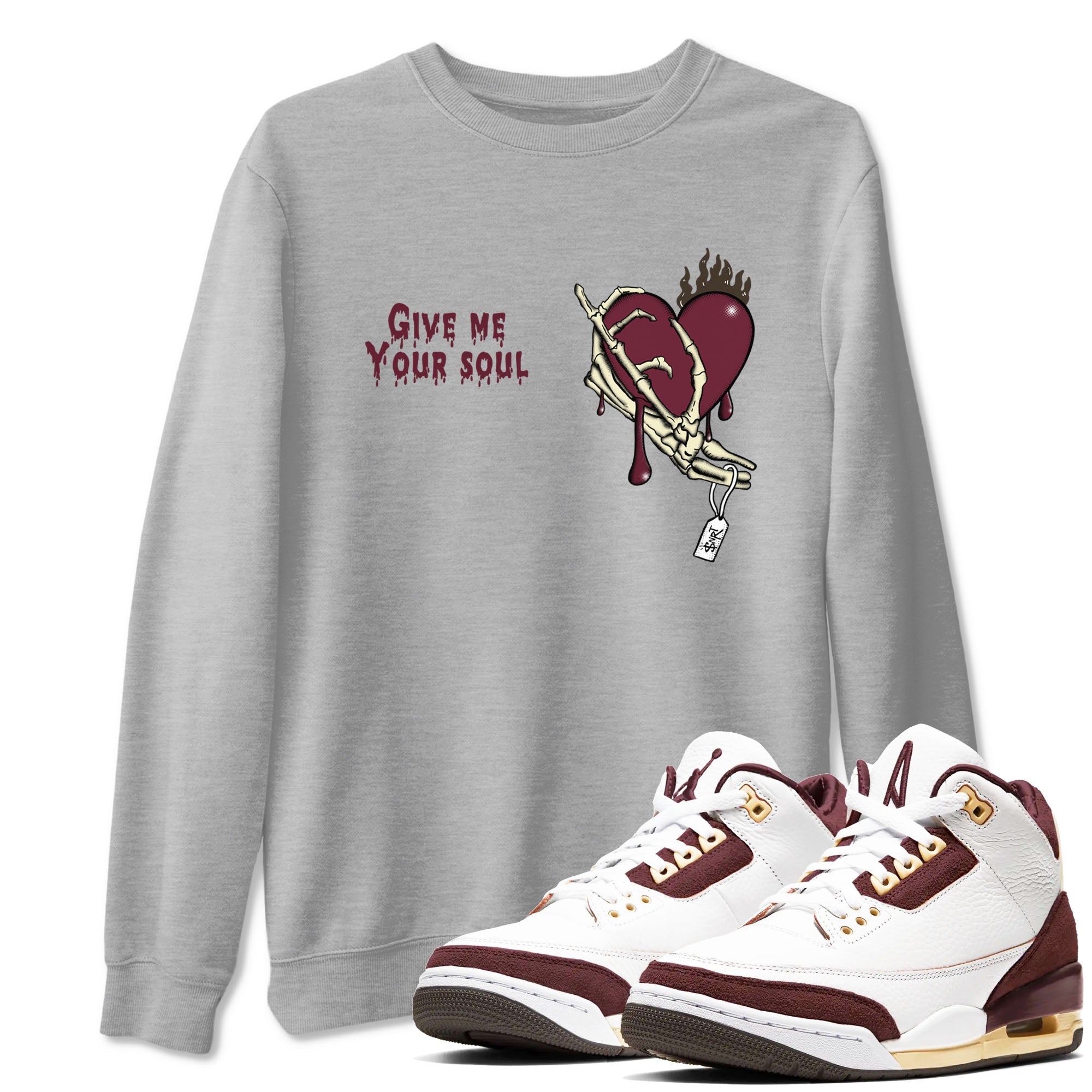3s A Ma Maniere x Burgundy Crush shirts to match jordans Give Me Your Soul sneaker match tees Air Jordan 3 A Ma Maniere x Burgundy Crush Drip Gear Zone unisex cotton Heather Grey 1 crew neck shirts