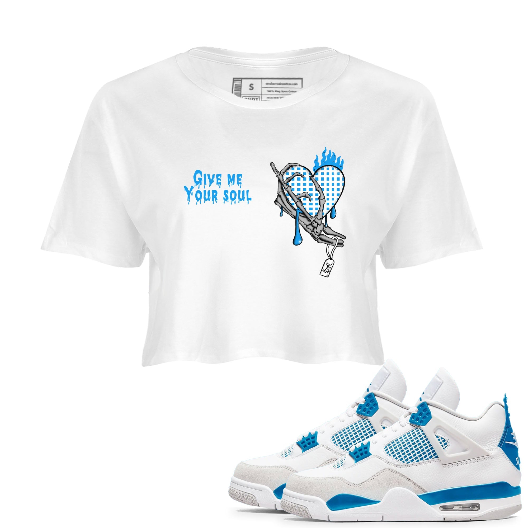 4s Military Blue shirts to match jordans Give Me Your Soul sneaker match tees Air Jordan 4 Military Blue Drip Gear Zone unisex cotton White 1 Crop Shirts