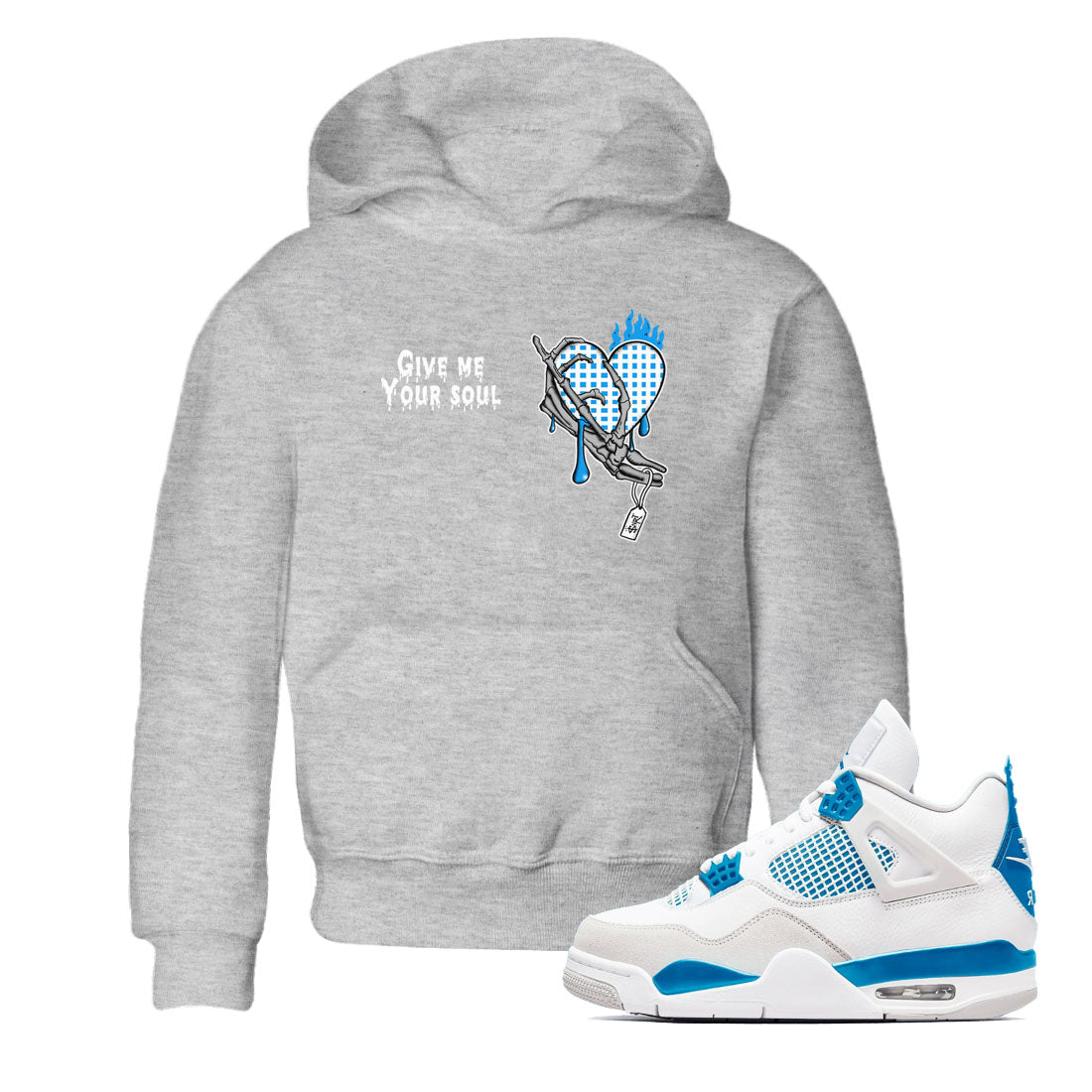 4s Military Blue shirts to match jordans Give Me Your Soul sneaker match tees Air Jordan 4 Military Blue Drip Gear Zone Youth Baby Heather Grey 1 crew neck shirts