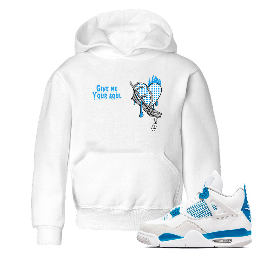 4s Military Blue shirts to match jordans Give Me Your Soul sneaker match tees Air Jordan 4 Military Blue Drip Gear Zone Youth Baby White 1 crew neck shirts