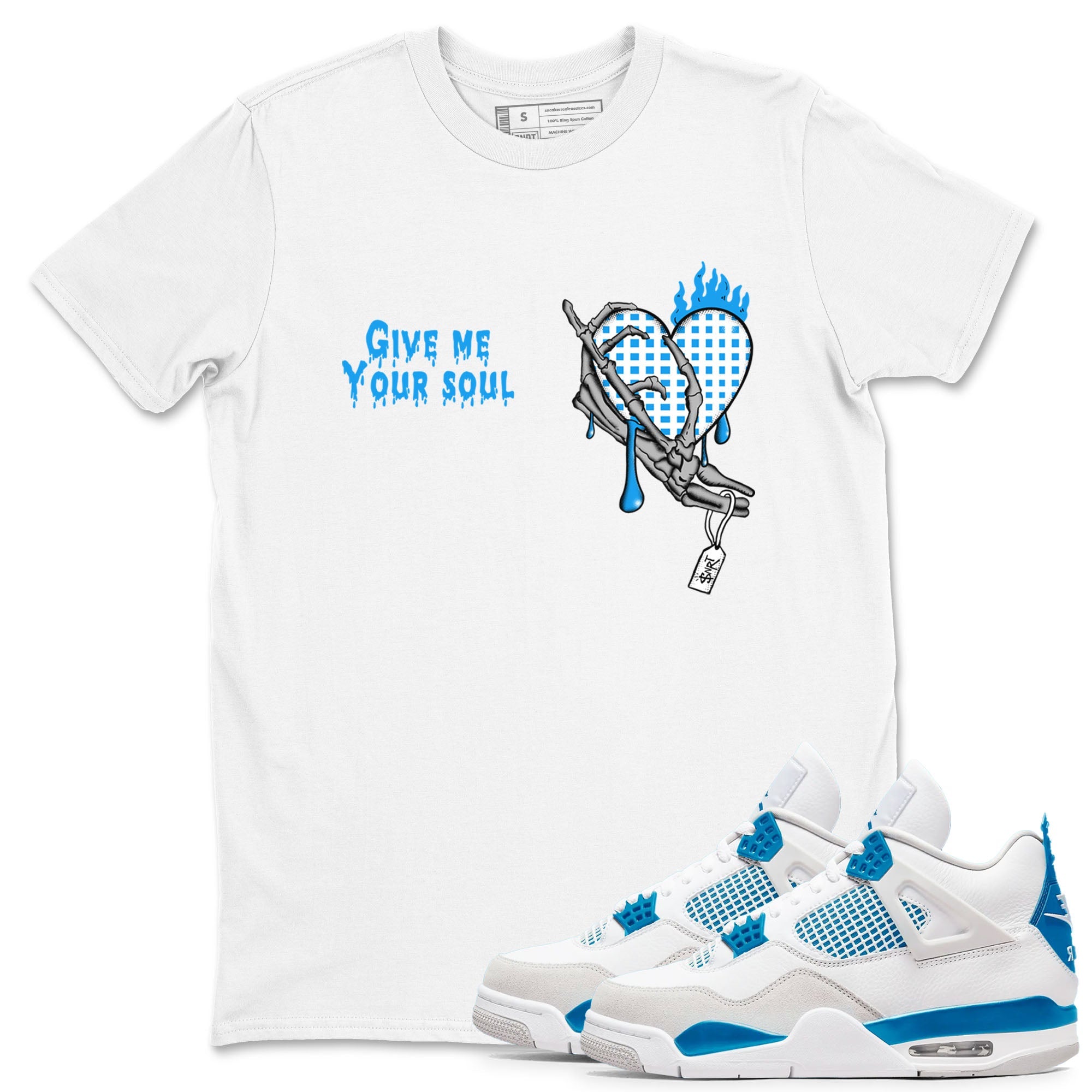 4s Military Blue shirts to match jordans Give Me Your Soul sneaker match tees Air Jordan 4 Military Blue Drip Gear Zone unisex cotton White 1 crew neck shirts